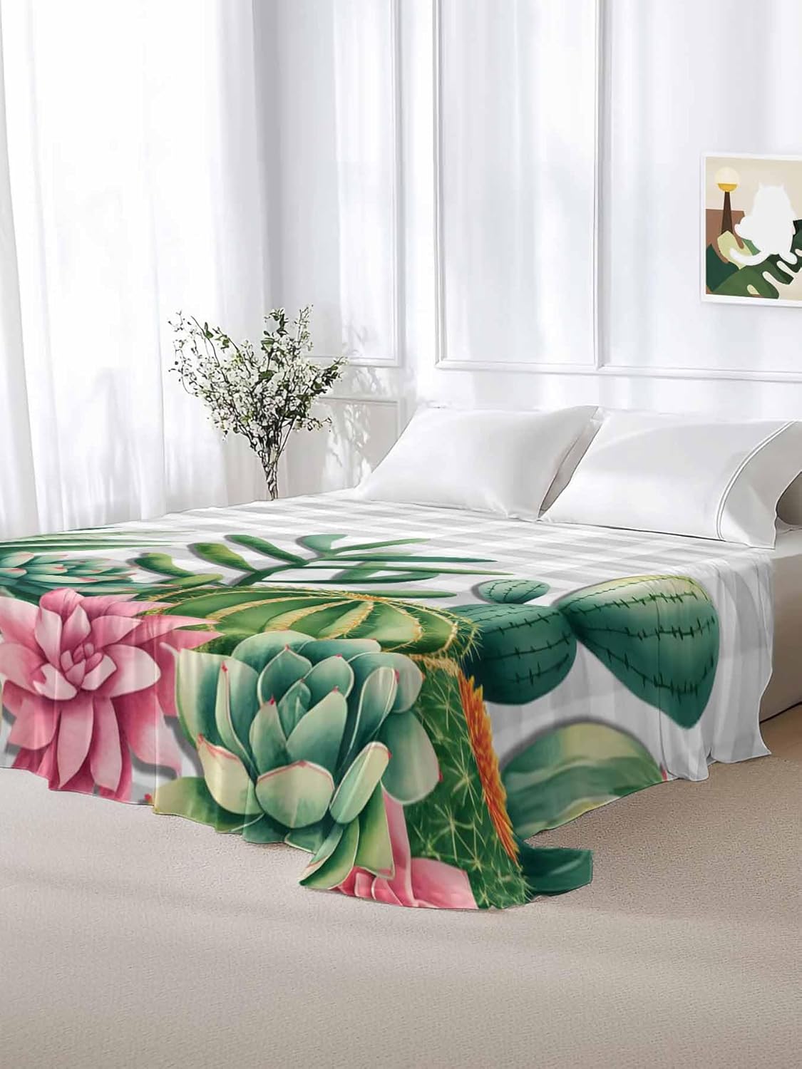 Top Sheet Full Bedding Flat Sheet Only, Summer Tropical Cactus Microfiber Bed Sheets Soft Breathable Bedding Flat Sheets, Green Pink Plant Gray Buffalo Plaid Hotel Luxury Top Sheets