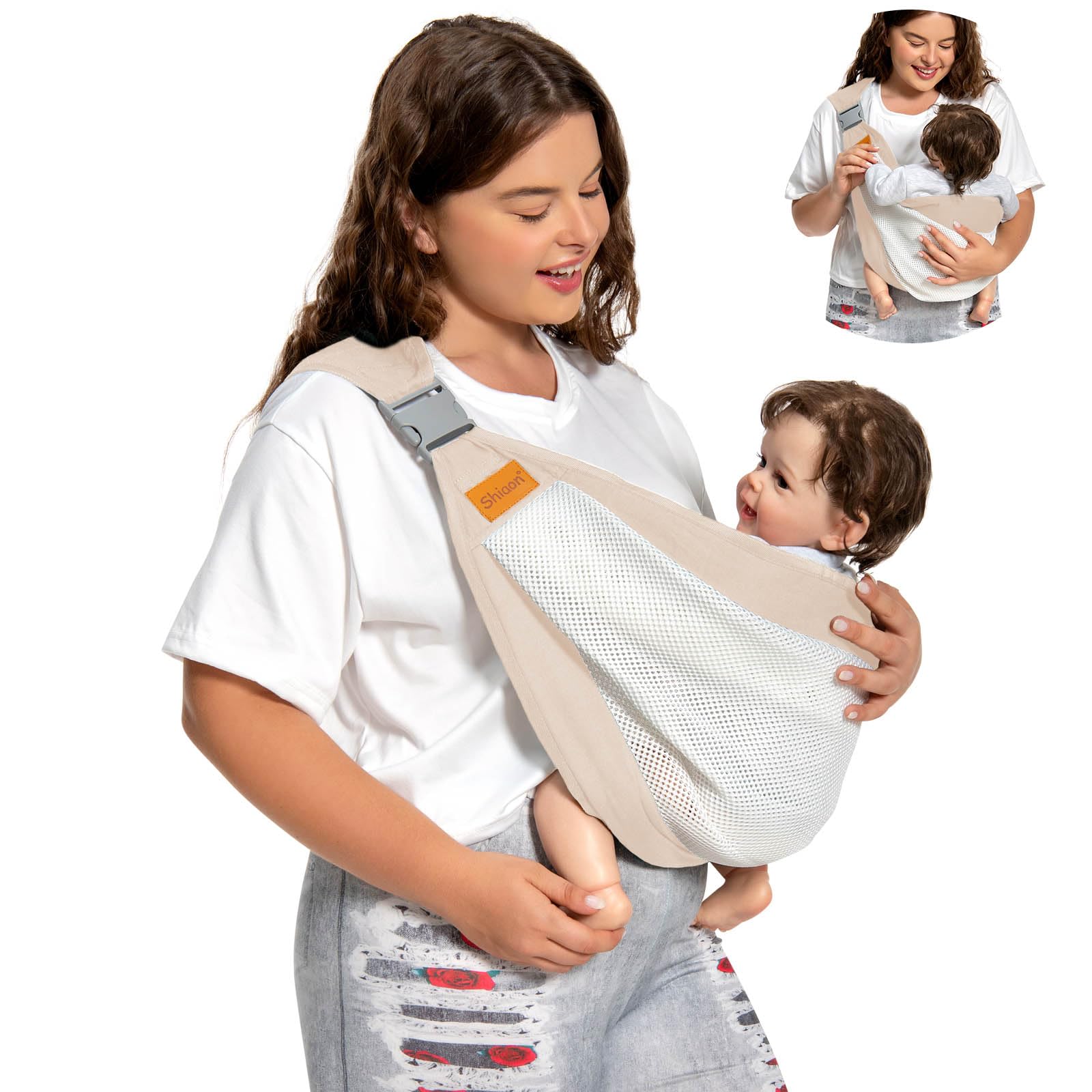 Baby Sling Carrier Newborn to Toddler, Adjustable Easy Baby Carrier, Baby Wrap Sling, Baby Hip Seat Carrier for Toddler Sling, Baby Holder Carrier, Nursing Sling, Carrying 7-45 lbs, Beige
