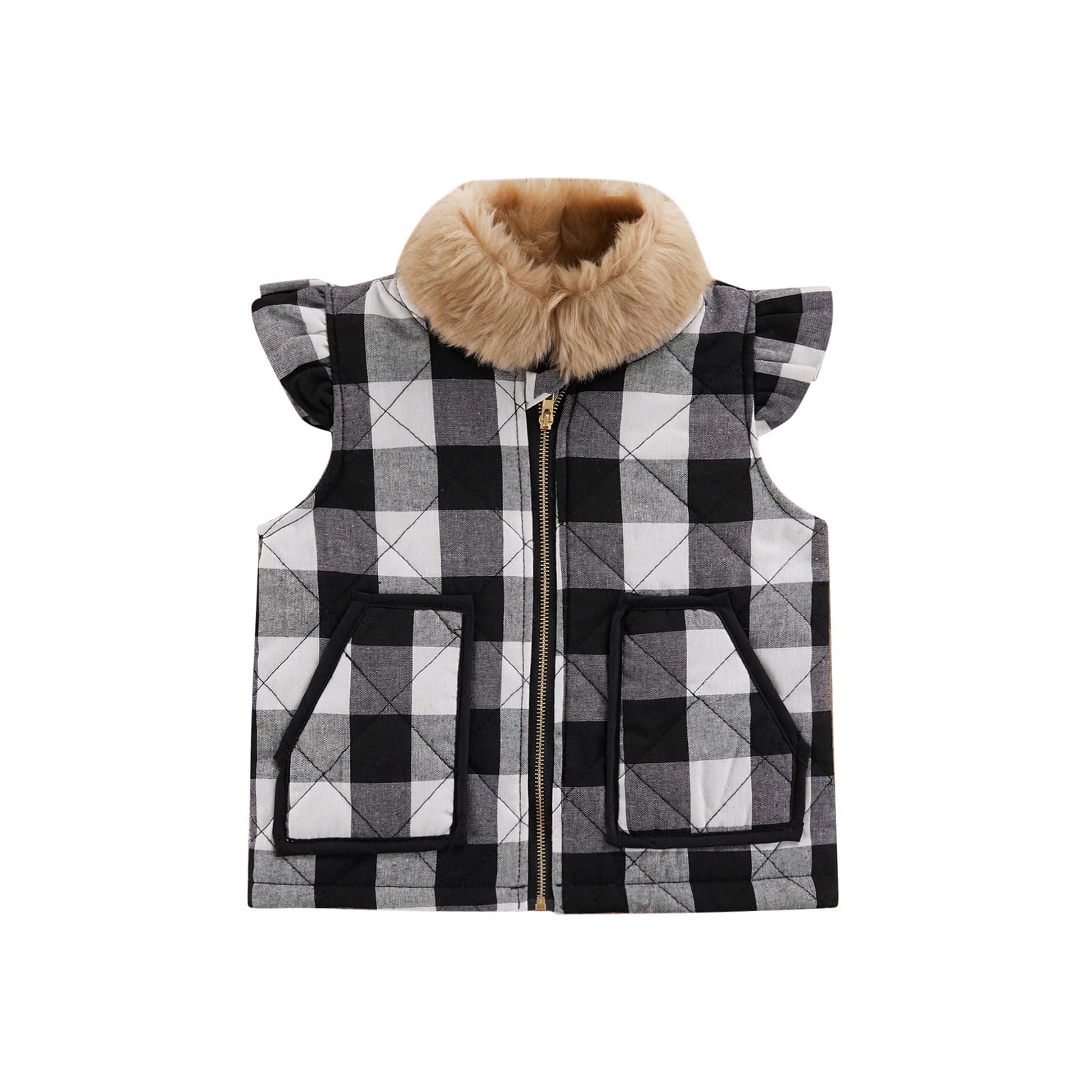 Toddler Baby Girl Boy Vest Coat Sleeveless Christmas Plaid Jacket Warm Waistcoat Fall Winter Outwear with Pockets (Faux Fur Neck-Black,4-5T)