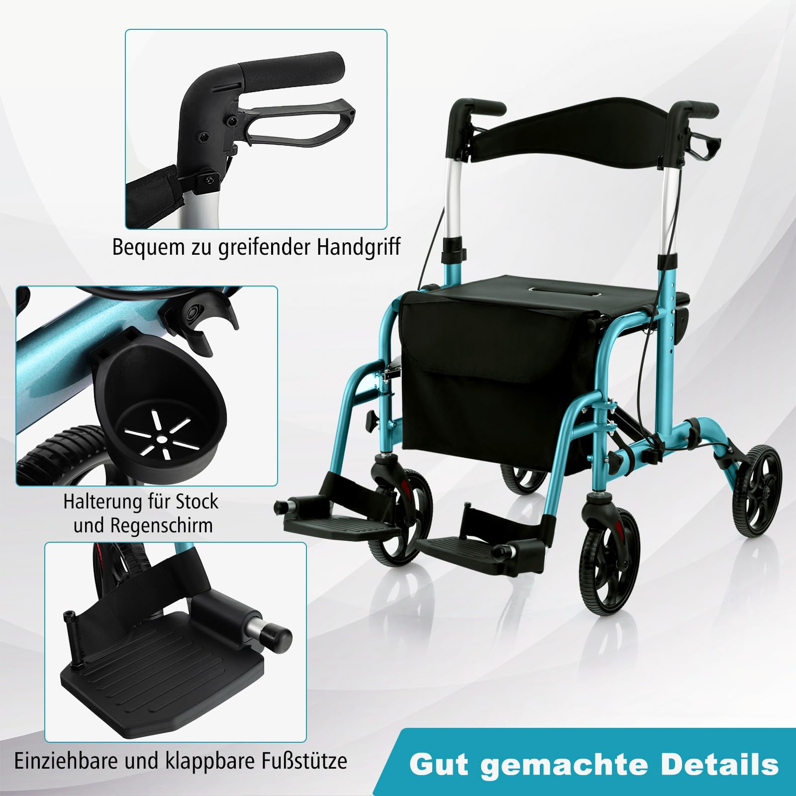 COSTWAY Rollator faltbar und leicht mit Sitz, 2 in 1 Rollstuhl & Reiserollator Leichtgewicht, Gehhilfe 6-fach höhenverstellbar, Gehwagen mit Tasche & Bremsen & Stockhalter, Aluminium (blau)