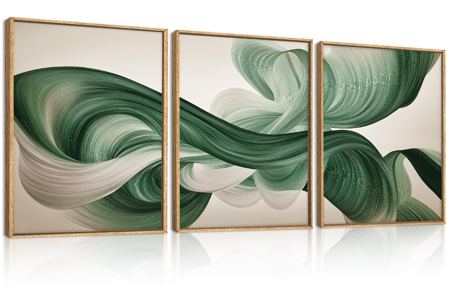 KAIRNE Green Abstract Waves Lines Framed Canvas Wall Art Set-12"x16"x3 | Minimalist Olive Green Wall Decor,Neutral Smoke Shape Art Prints,Modern Flowing Line Artwork for Living Room,Bedroom,Office
