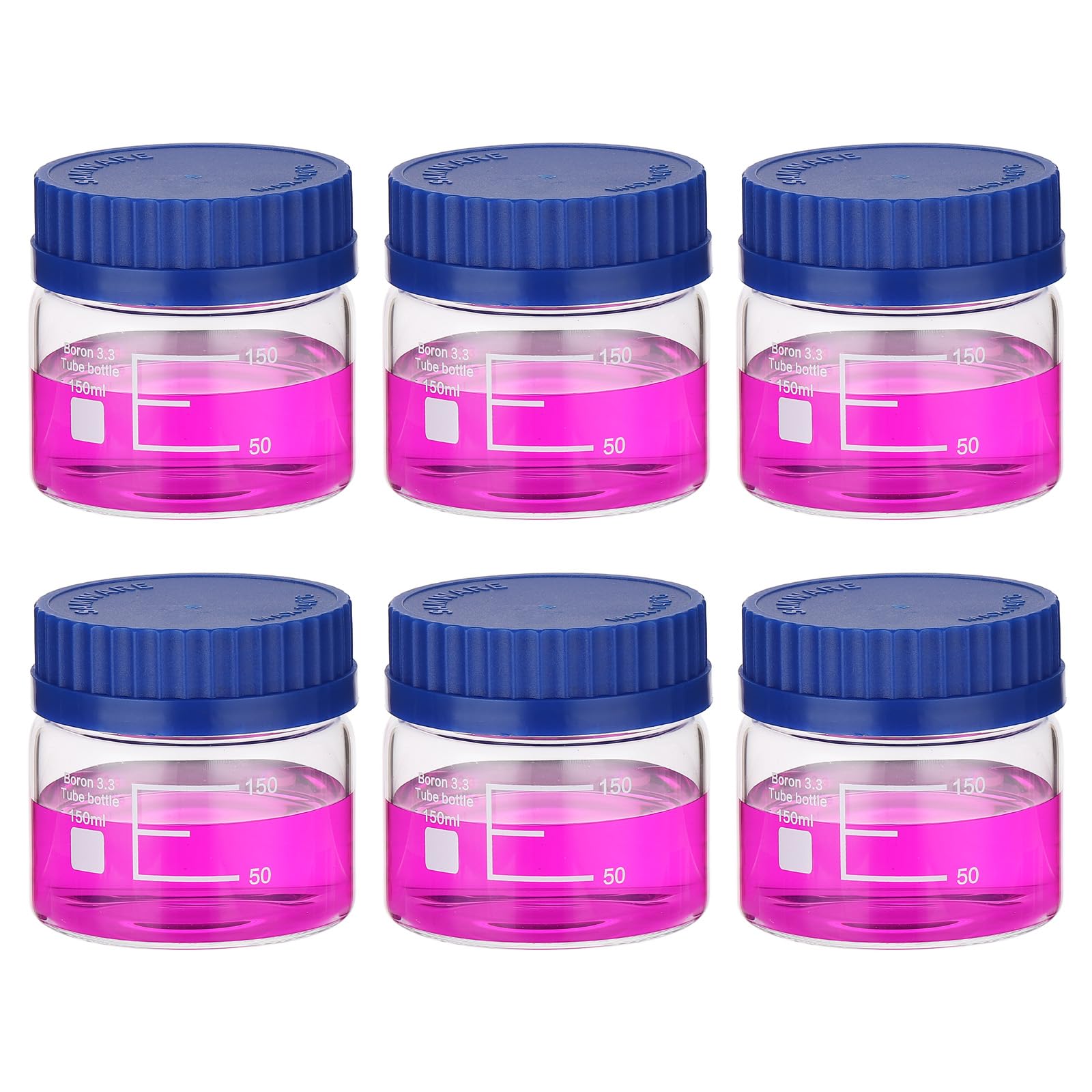 PATIKIL 6 Pack Reagent Media Storage Bottles, 150ml Borosilicate Glass Wide Mouth Graduated Round Bottles with GL32 Blue Screw Cap for Lab Water