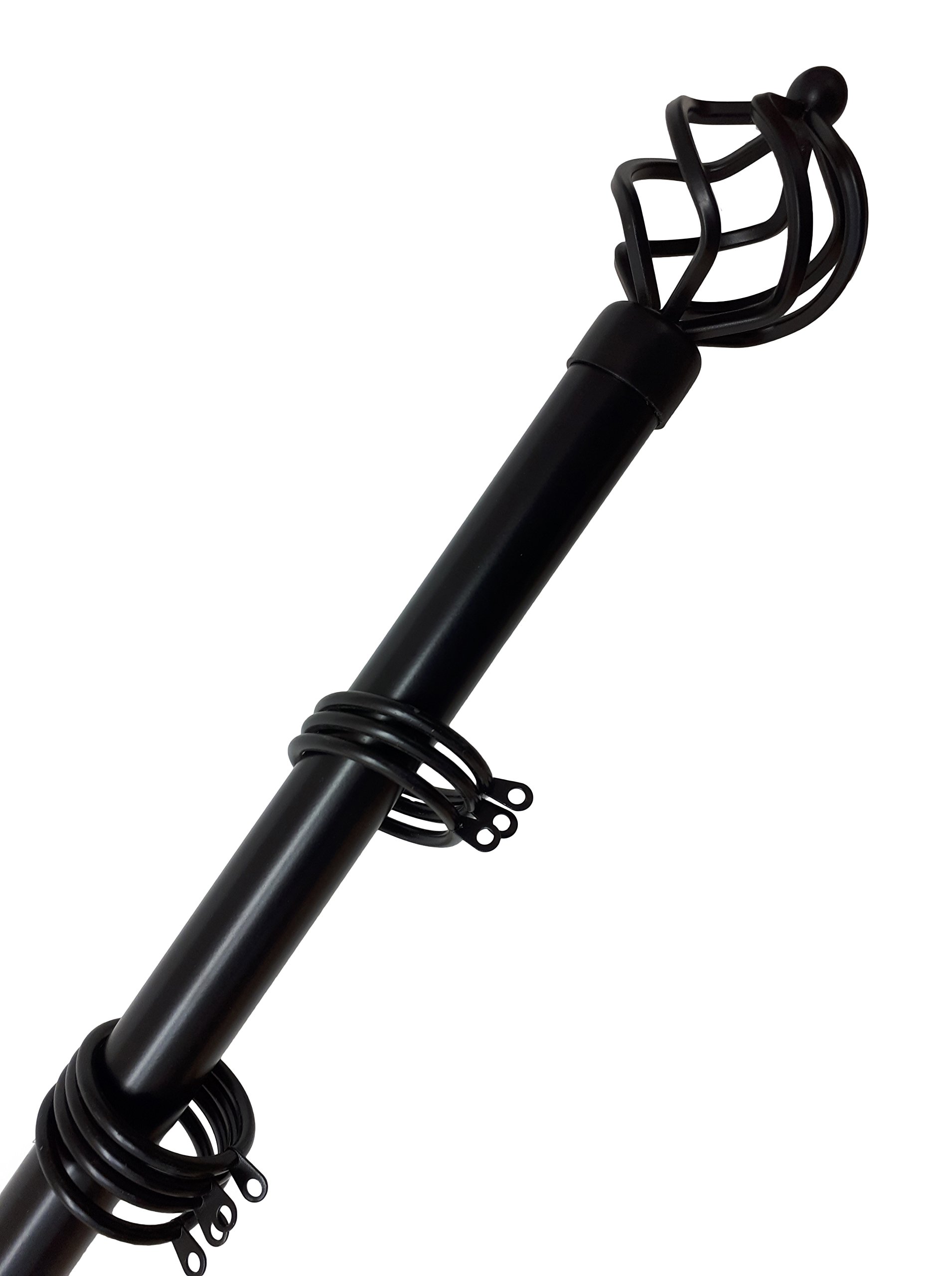 Home Harmony® Bird Cage Finial Telescopic Extendable Curtain Pole set In Black Silver White and Matching Holdbacks Available (Black, 180-340 cm)