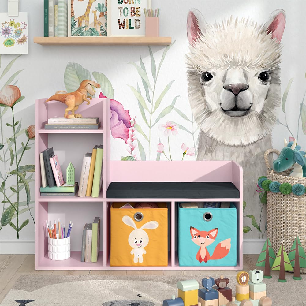 Vicco Libreria bambini Luigi, rosa, 107.2 x 88.6 cm con 2 scatole pieghevoli (colorate), con seduta imbottita e quattro ripiani aperti