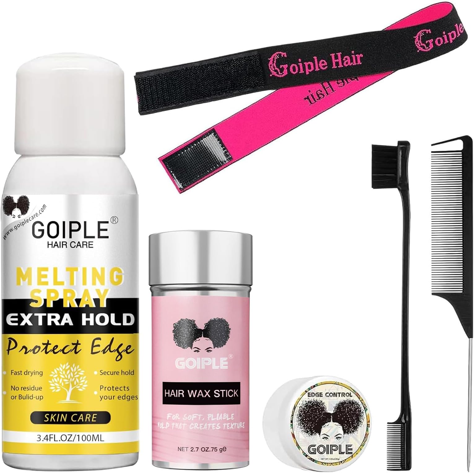 Goiple Lace Melting Spray for Wigs, Closures & Extensions - Styling Agent with Strong Natural Finish, Fast Drying, Water & Oil Resistant, Includes Hair Adhesive, Edge Control Wax & Hair Wax Stick