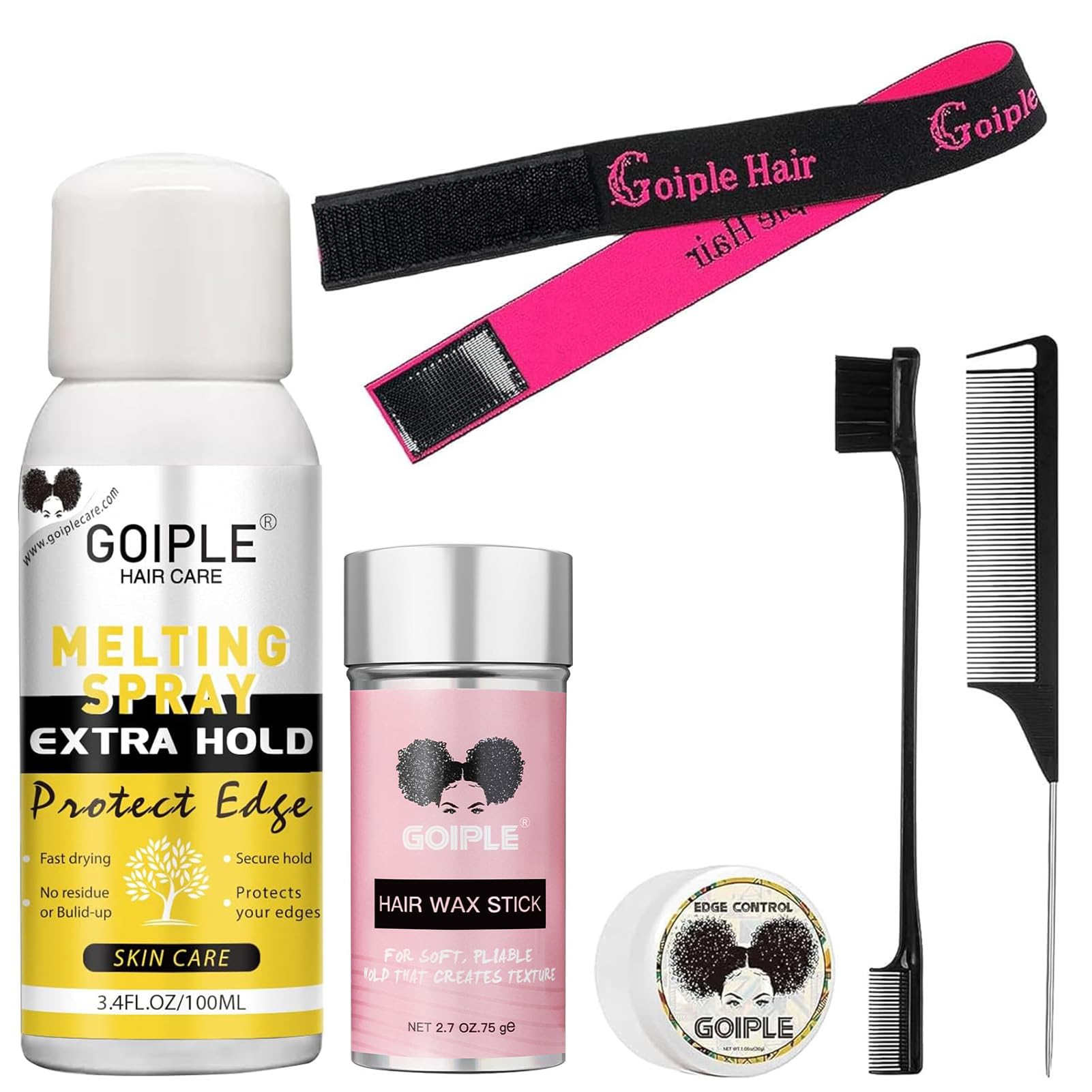 Lace Melting Spray for Wigs, Closures & Extensions - Styling Agent with Strong Natural Finish, Fast Drying, Water & Oil Resistant, Includes Hair Adhesive, Edge Control Wax & Hair Wax Stick