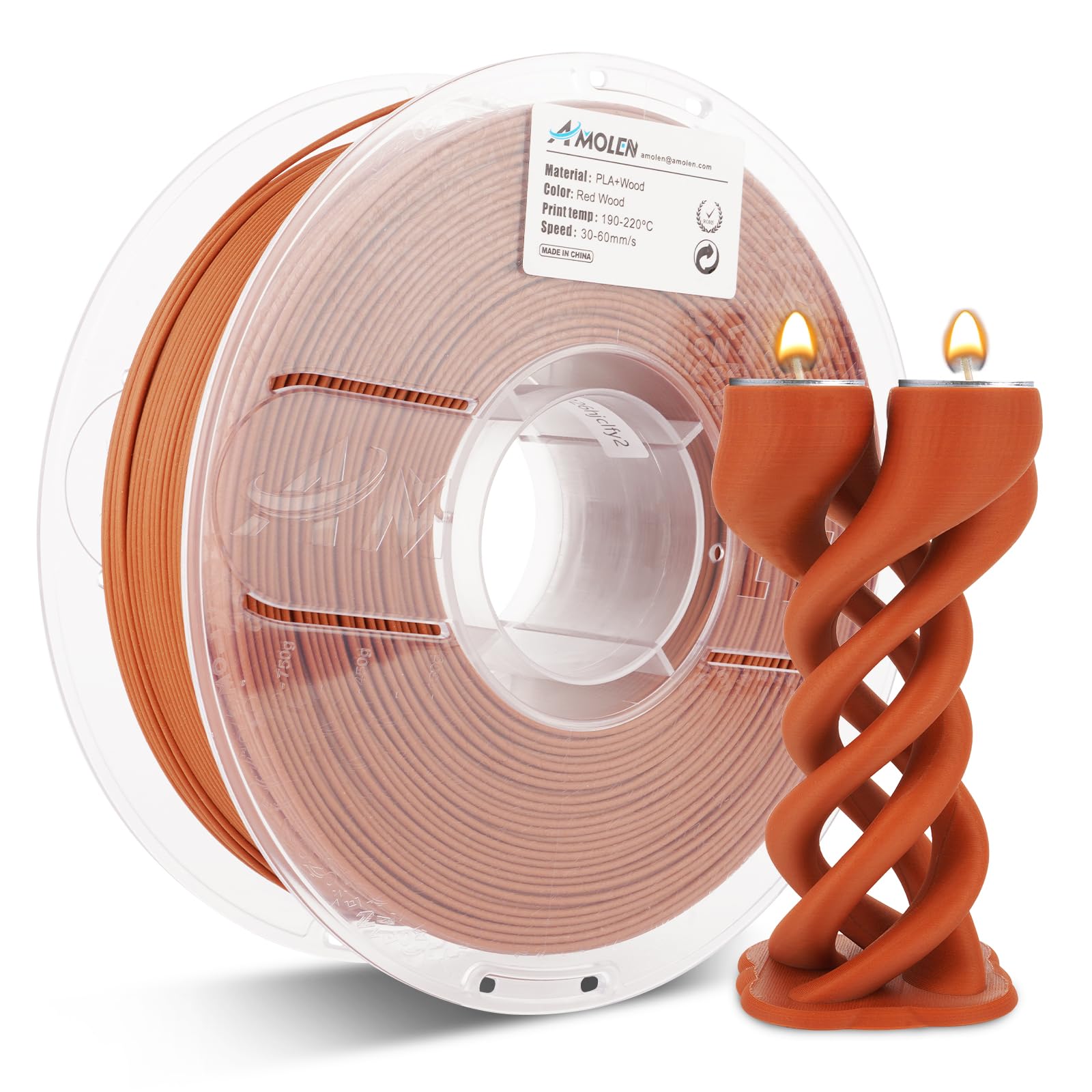 AMOLEN PLA 3D Printer Filament,Wood Pla Filament PLA Printing Filament 1.75mm 15% Real Wood,1KG Cherry Wood Color Nature Wood Texture