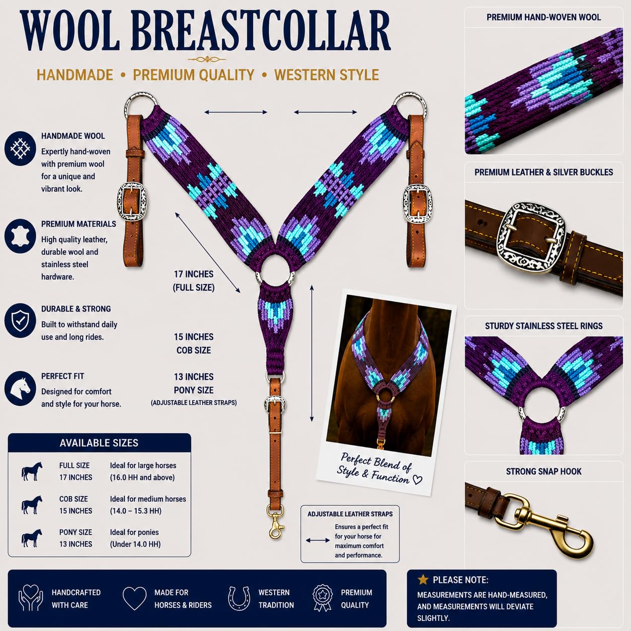 Collare da Petto in Mohair per Cavallo Western Cheval's International, Accessorio Equestre in Lana e Pelle, Regolabile, Nero e Viola, Cob