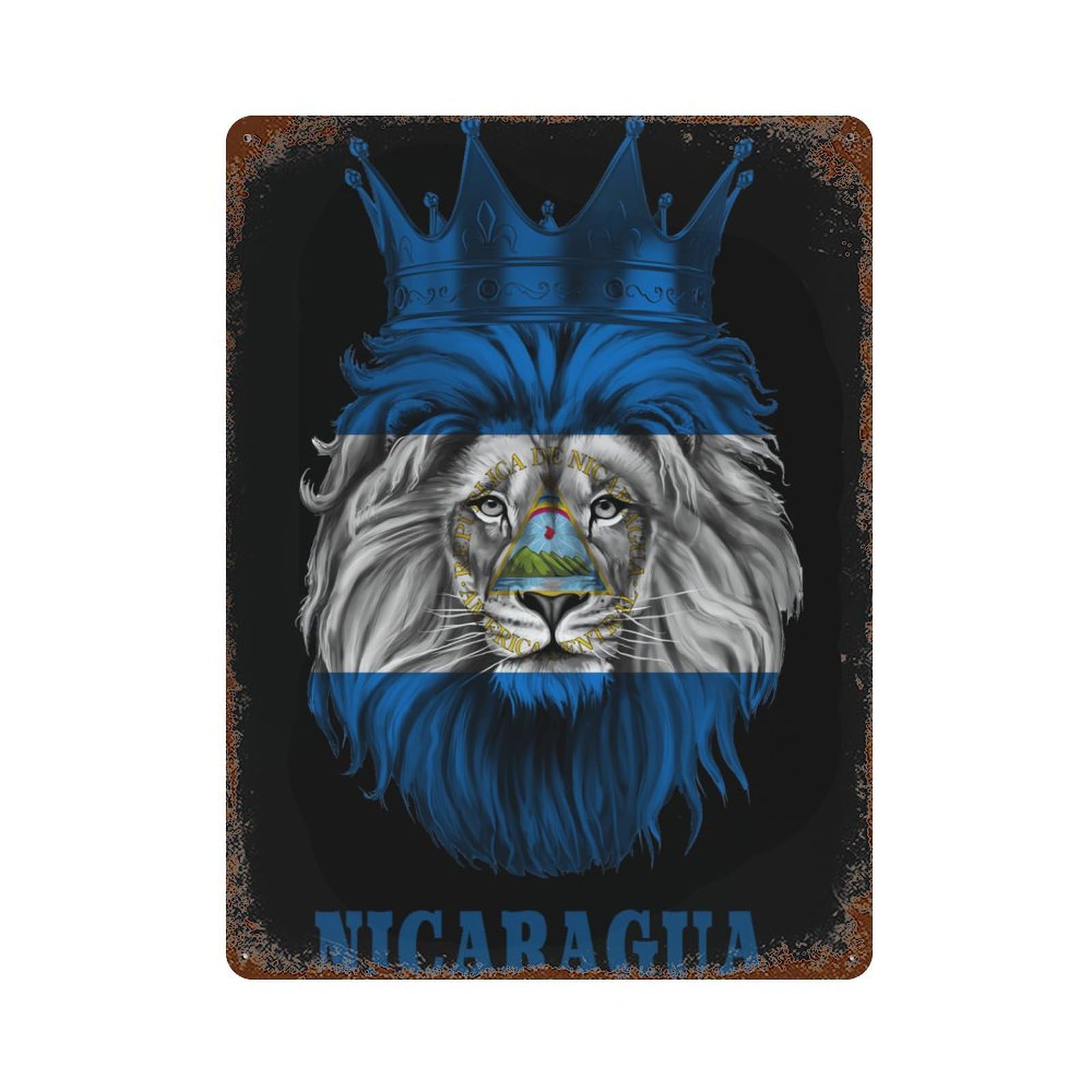 KWQDOZF King Lion Nicaragua Flag Theme Metal Tin Sign,Vintage Iron Hanging Plate Vertical with Rust Poster Wall Decor 12x16inch