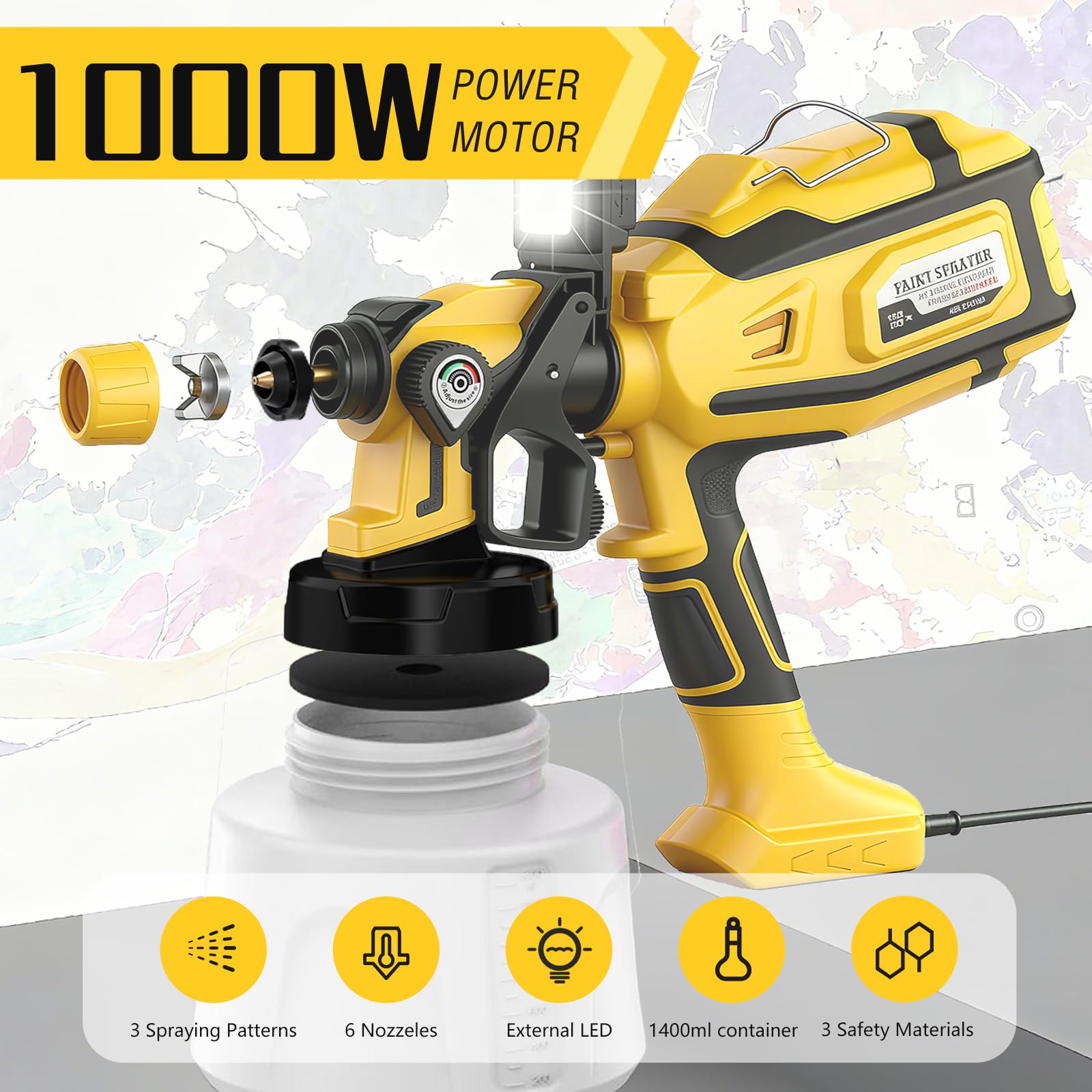 ZICO 1000W Pistolet à Peinture, Réservoir 1400ml, 6 Buses, LED 3 Modes, 3 Modes de Jet Réglables, Facile à Nettoyer, pour Murs, Clôtures, Terrasses et Décorations Intérieures/Extérieures