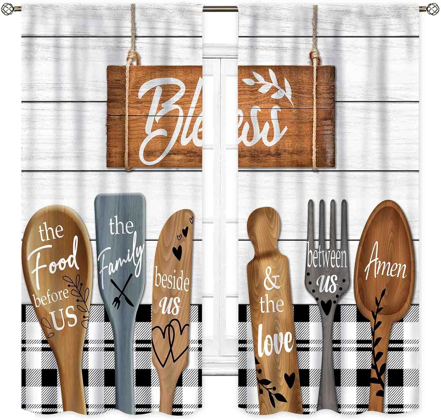 Farmhouse Kitchen Curtainsm, Rustic Fork and Spoon Woodern Plank Board Cook Theme Country Cottage Cafe Living Room Bedroom Window Curtains Drapes Treatments 2 Panels, 42"x63" Inch