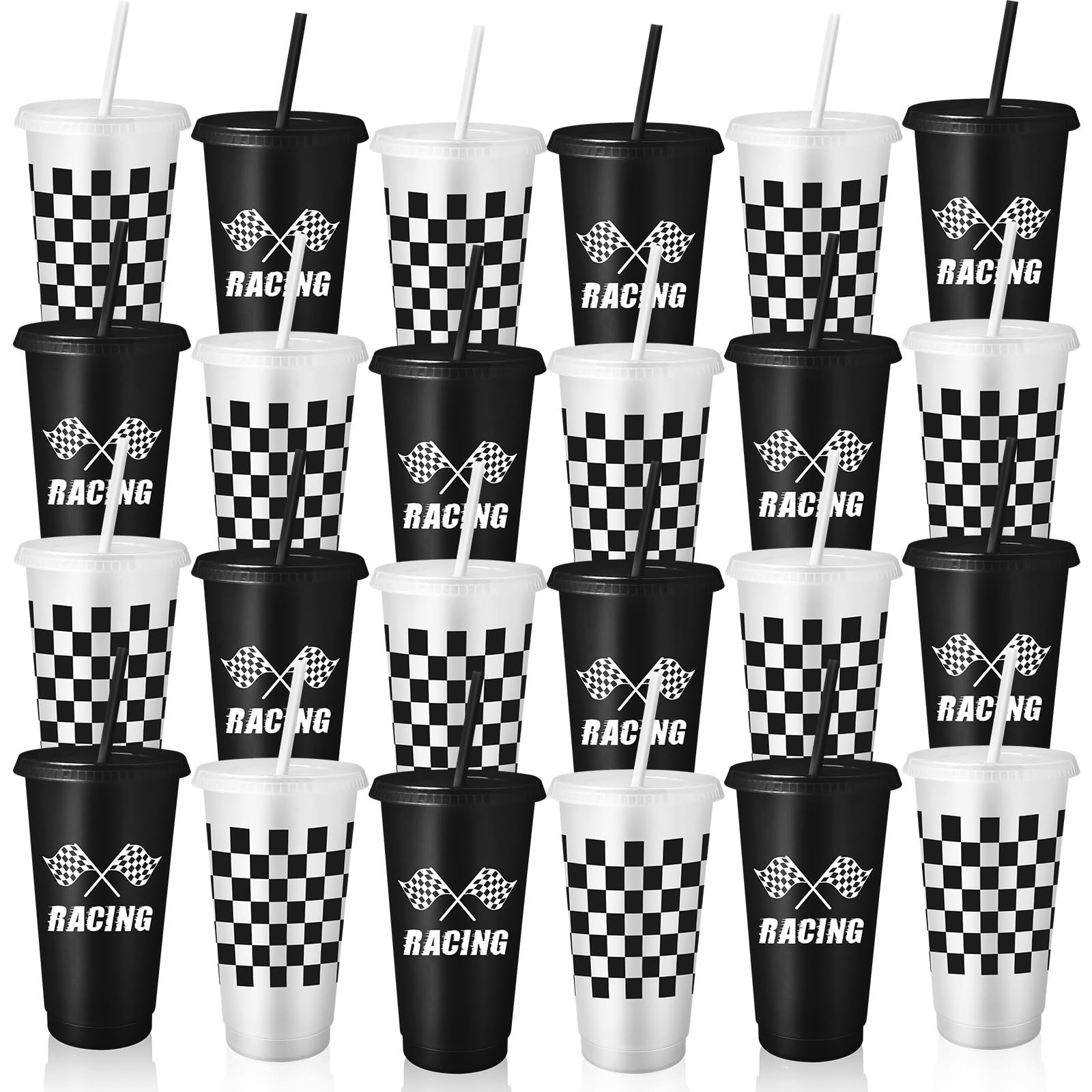 RWFMO 24 Pack Plastic Cups with Lids and Straws, 710ml Reusable Party Cups, Black and White Chequered Racing Cups for Race Car Birthday Parties, Party Favours and Cold Drinks