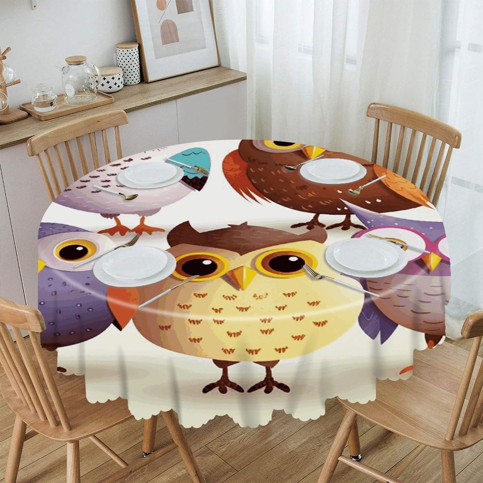 FekiLoot Owls Birds Round Tablecloths 60 Inch Resistant Washable Polyester Table Cloth Style Decorative Circle Fabric Table Cover for Dining Kitchen Party Farmhouse Outdoor