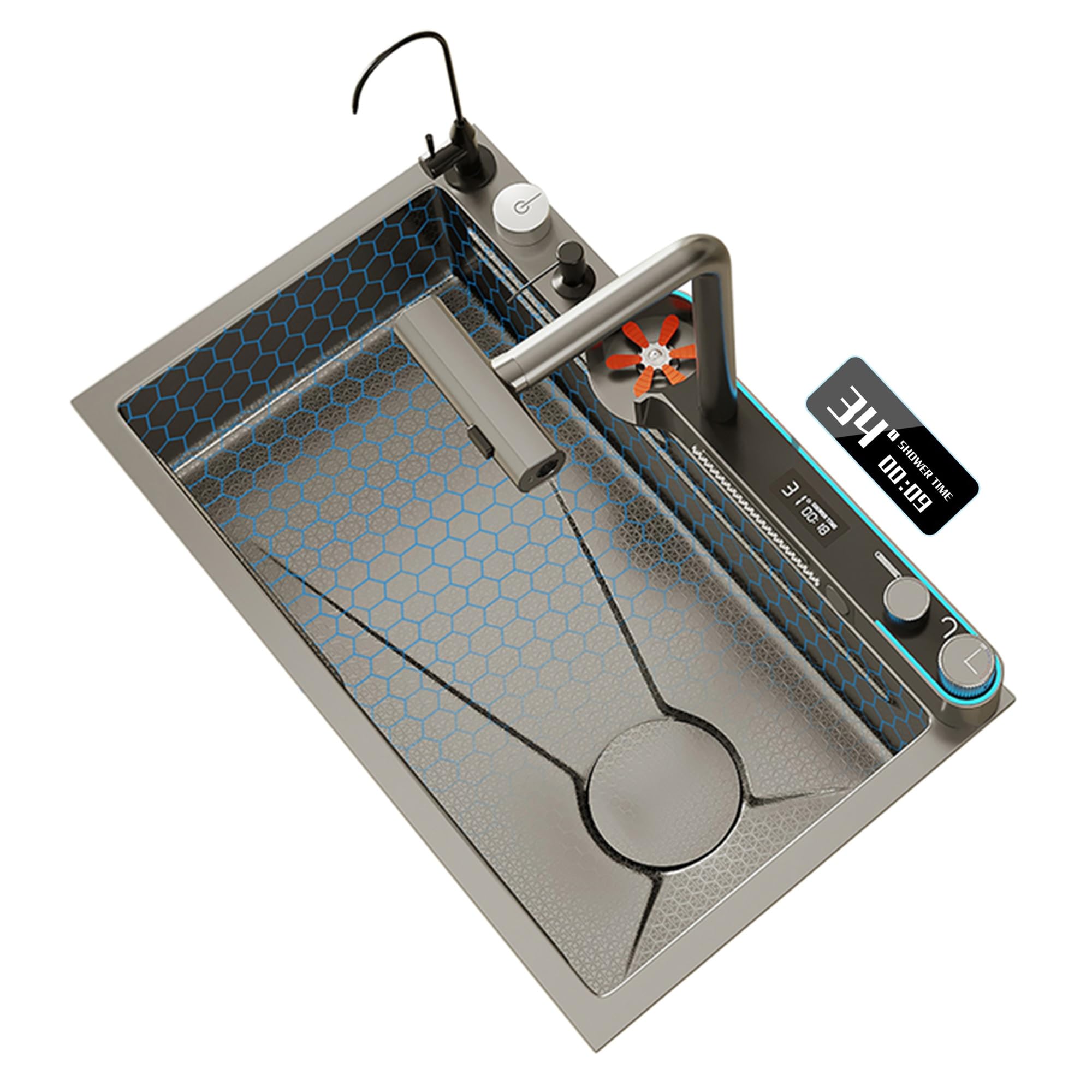 Évier de cuisine LED JATIBOSH 68x45 cm en acier inoxydable avec robinet cascade