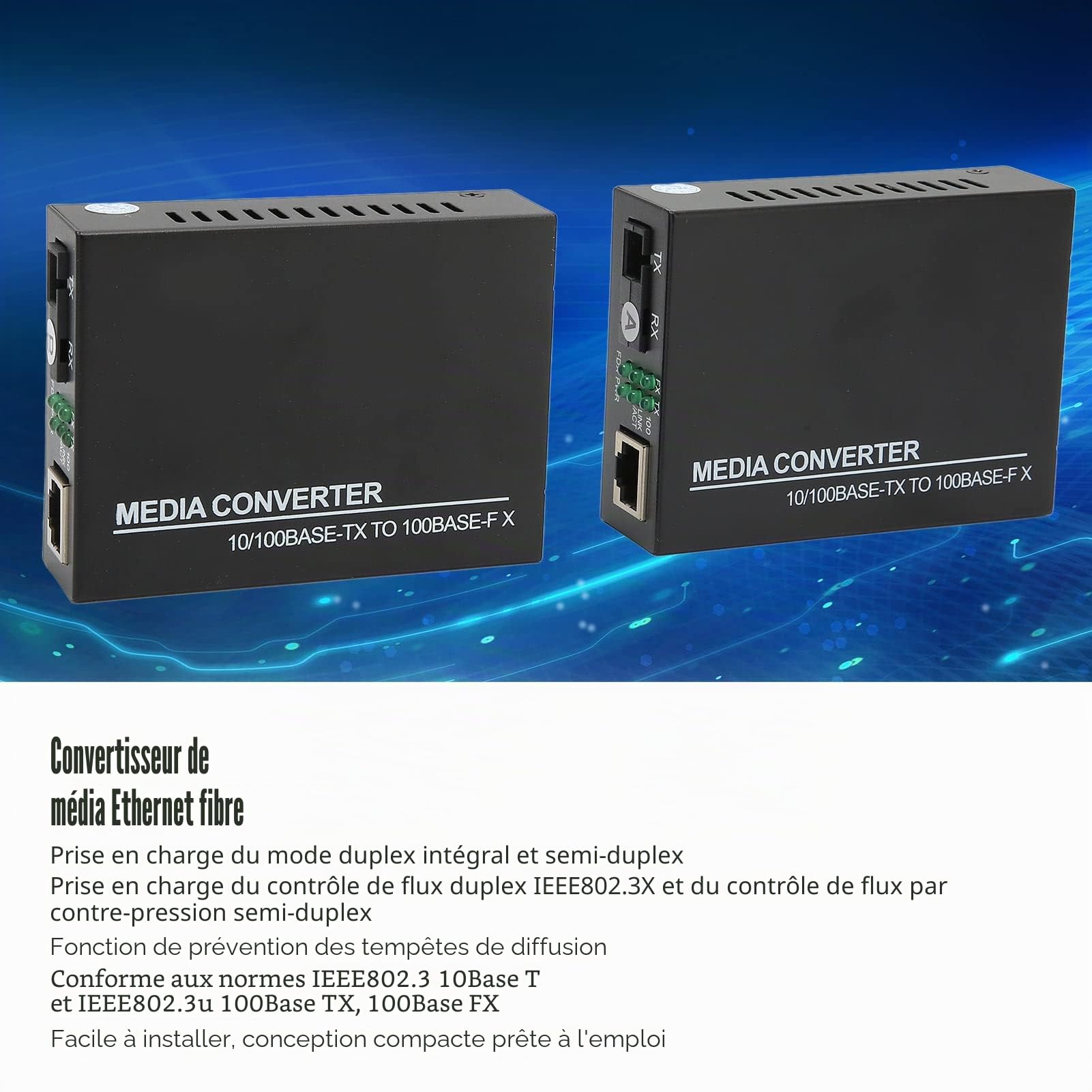 Annadue Convertisseur de Média Fibre Ethernet, RJ45 vers 100Base FX, Émetteur-Récepteur SC Monomode Intégré, 10/100M, Jusqu'à 25 Km