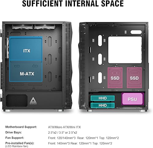 Miniatura 32 de Montech - 6 unidades de malla X3, 3 ventiladores fijos de 140 mm y 3 ventiladores fijos de 120 mm con iluminación RGB, carcasa ATX de media torre