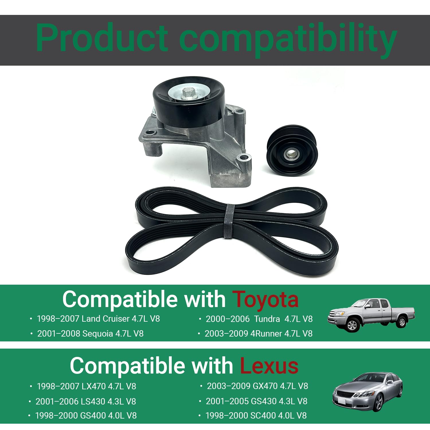Belt Tensioner with Serpentine Belt and Idler Pulley Fits 2000–2006 Toyota Tundra,2001–2008 Sequoia,2003–2009 4Runner,2001–2006 Lexus LS430,2003–2009 GX470 4.7L 4.3L Relacement 166200W101