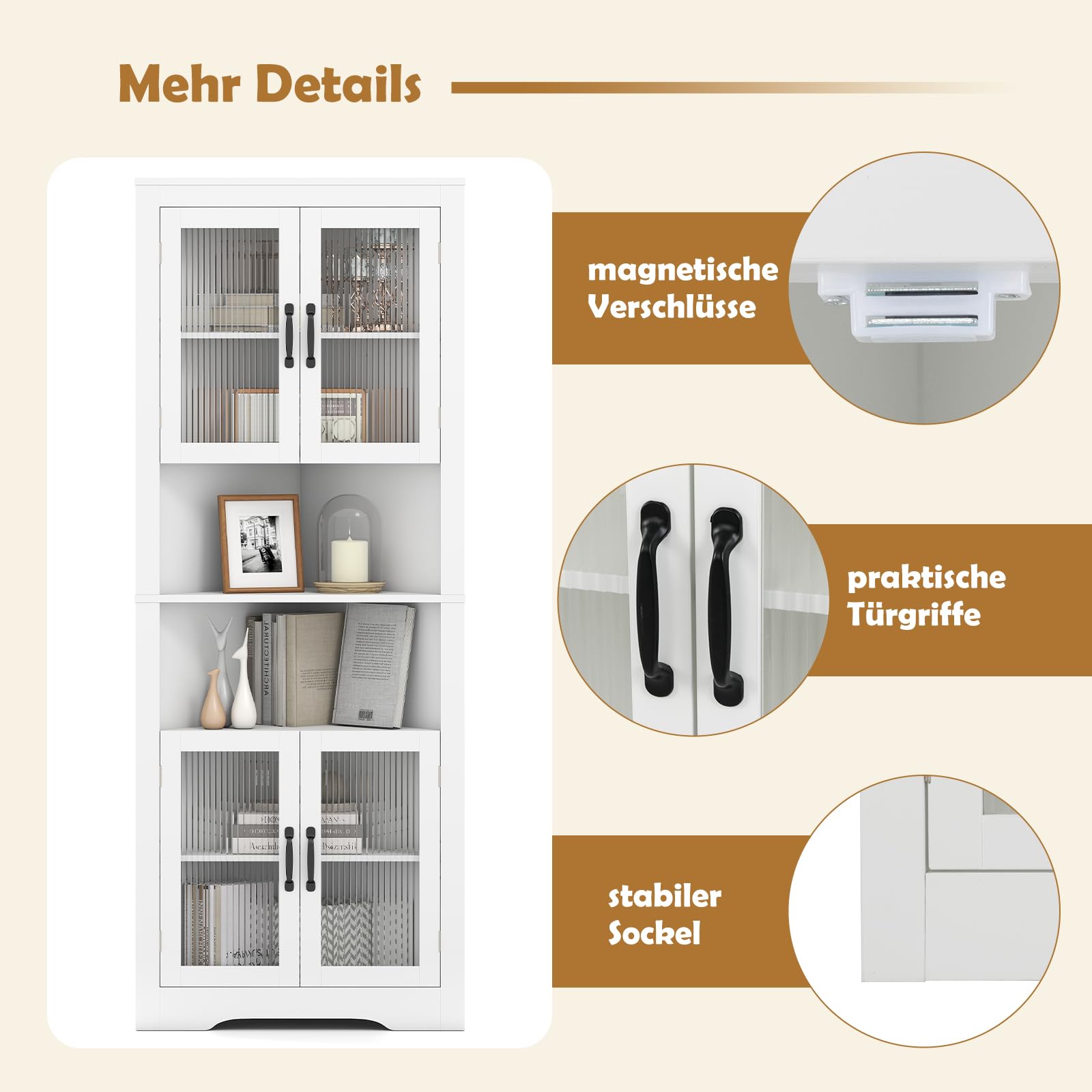 GOPLUS 6-stufiger Eckschrank, 171 cm hohe Badezimmerschrank schmal mit 4 Türen, dreieckiger Hochschrank mit verstellbaren Regale, Mehrzweckschrank, Eckvitrine für Badezimmer, Wohnzimmer, Flur & Küche