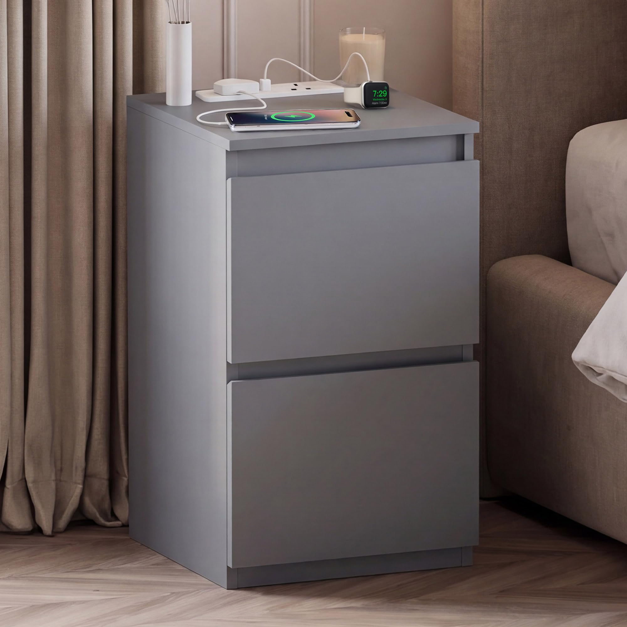 Vida Designs Denver 2 Drawer Bedside Cabinet Grey - Compact Space-Saving Nightstand with power outlet - 52H x 29.5W x 29.5D cm - Ideal for Bedroom & Guest Room