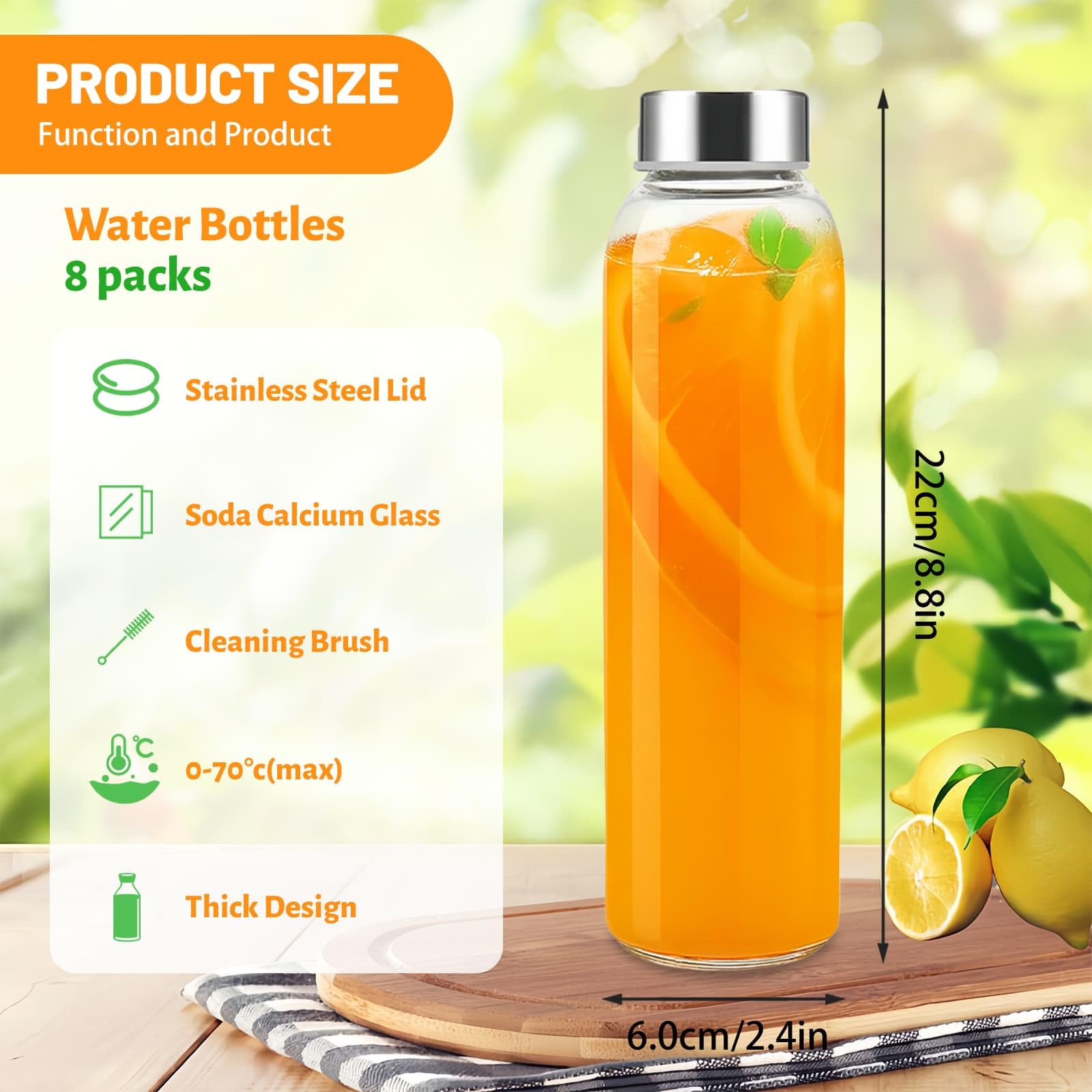 Eidoct 8 bottiglie d'acqua in vetro con coperchio, 500 ml, riutilizzabili, a prova di perdite, bottiglie in vetro trasparente per succhi, barattoli per salse, bevande calde e fredde, latte, con
