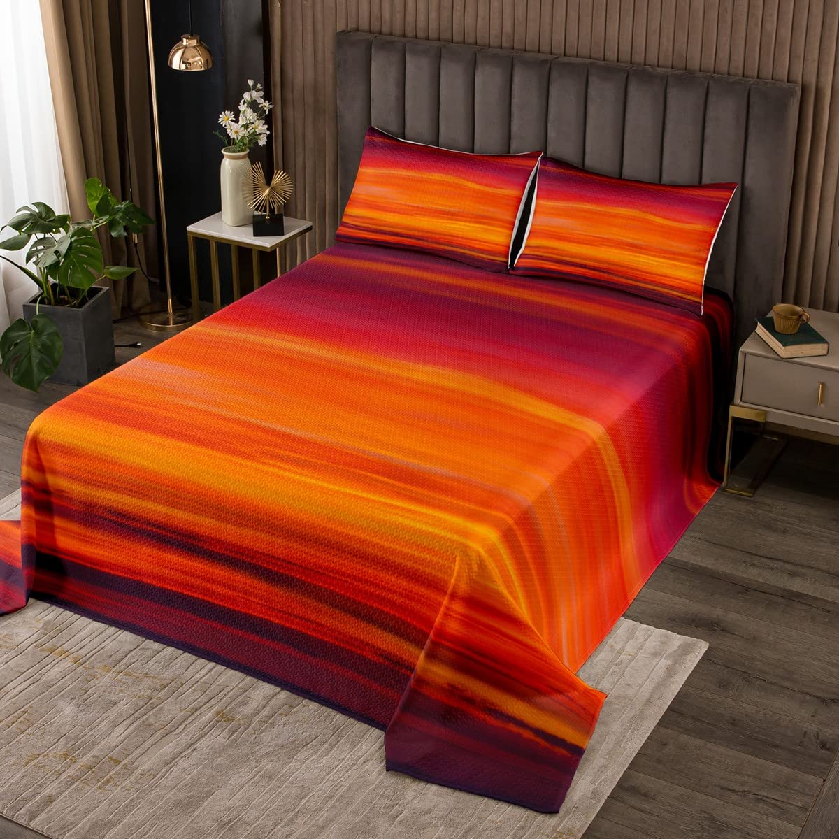 Homemissing Red Coverlet Sunset Color Quilted Bedspread Red Tropical Exotic Stripe Coverlet Set for Kids Boys Girls Microfiber Modern Double Size — image 1