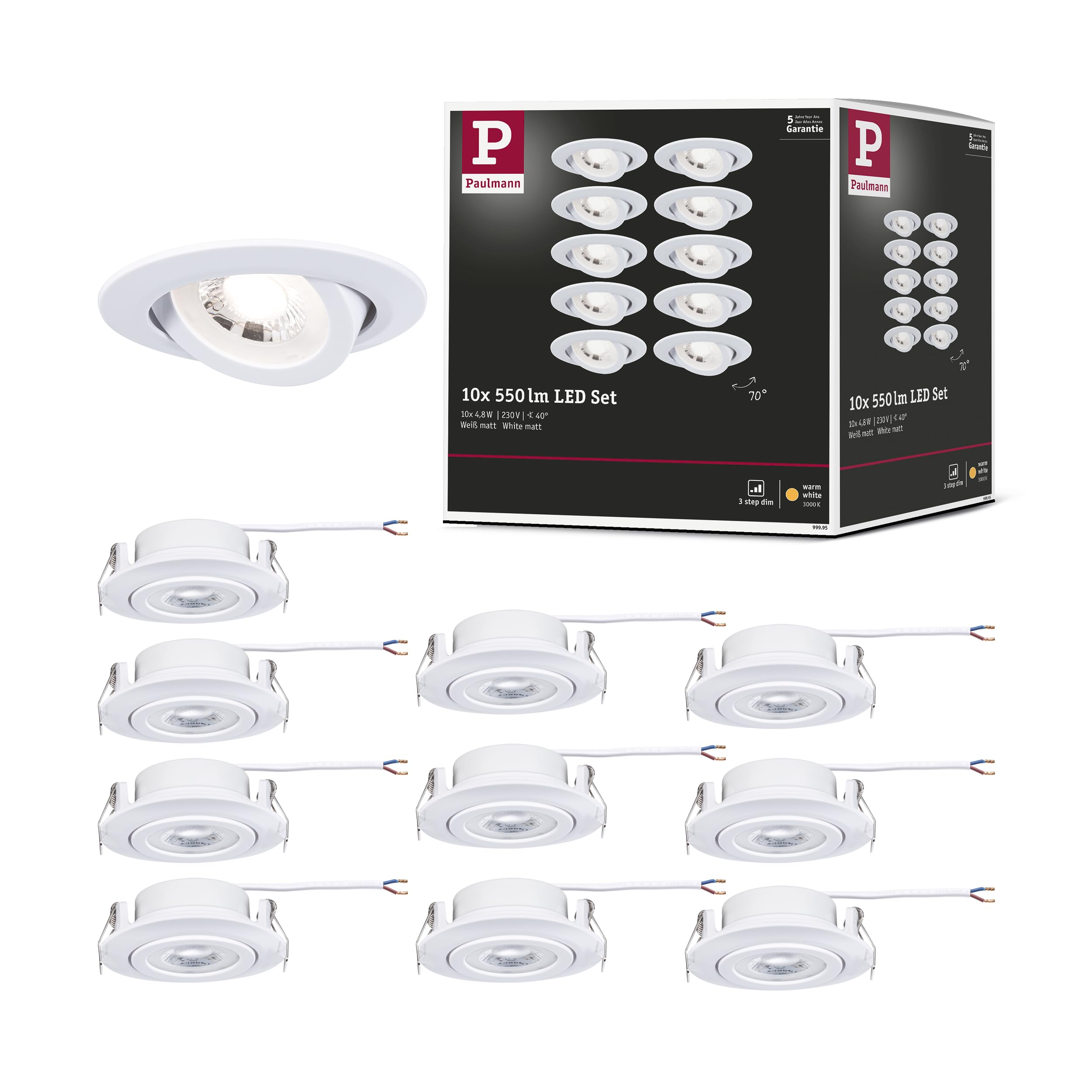 Paulmann 99995 LED recessed luminaire 3-Step dimming 10-Pack swivelling 82mm 70° 10x4.8W 10x450lm 230V 3000K matt White