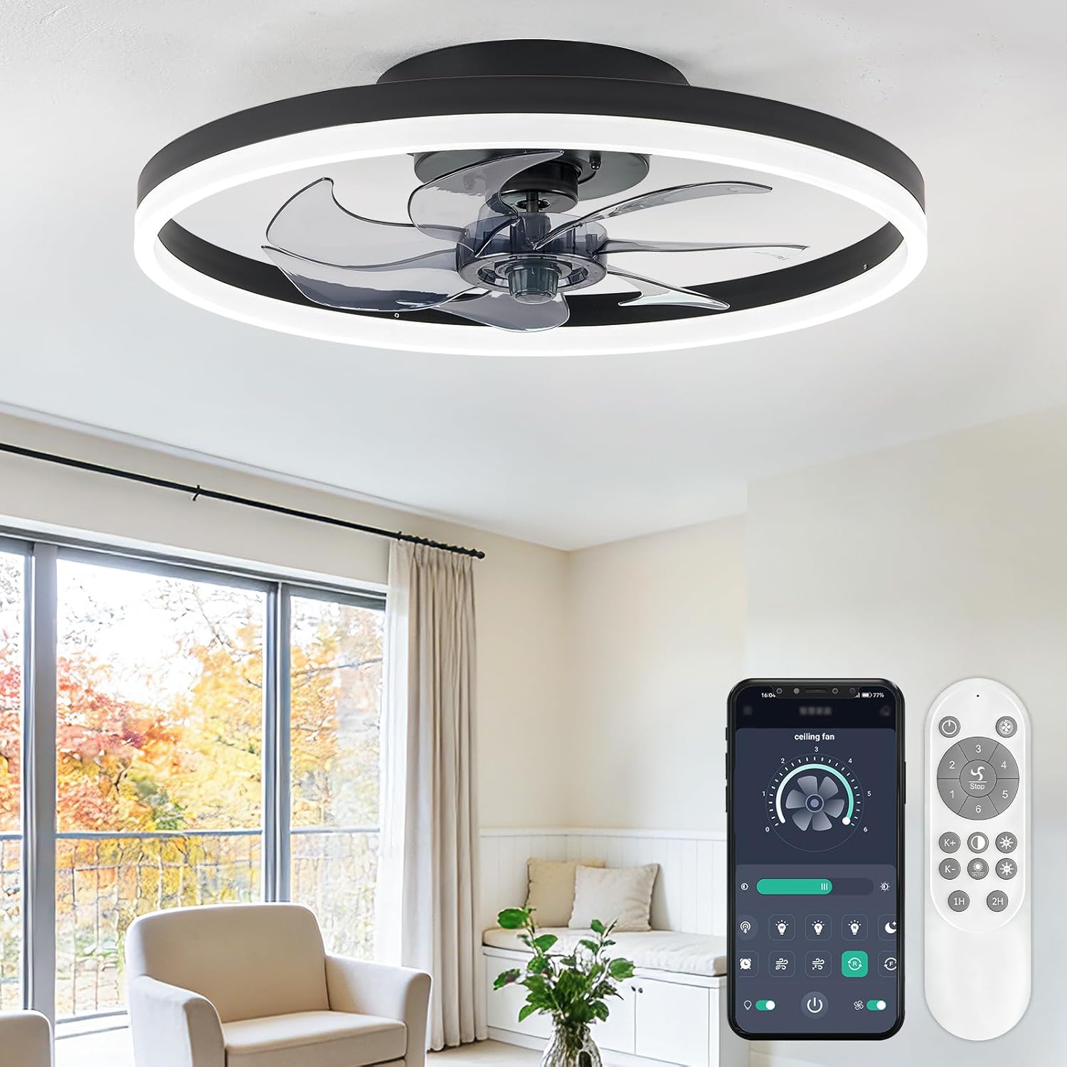 20" Low Profile Ceiling Fans with Lights and Remote & APP, Dimmable 3000-6500K LED Fandelier Ceiling Fan with Light, Modern Flush Mount Ceiling Fan Light for Living Room, Bedroom and Kitchen