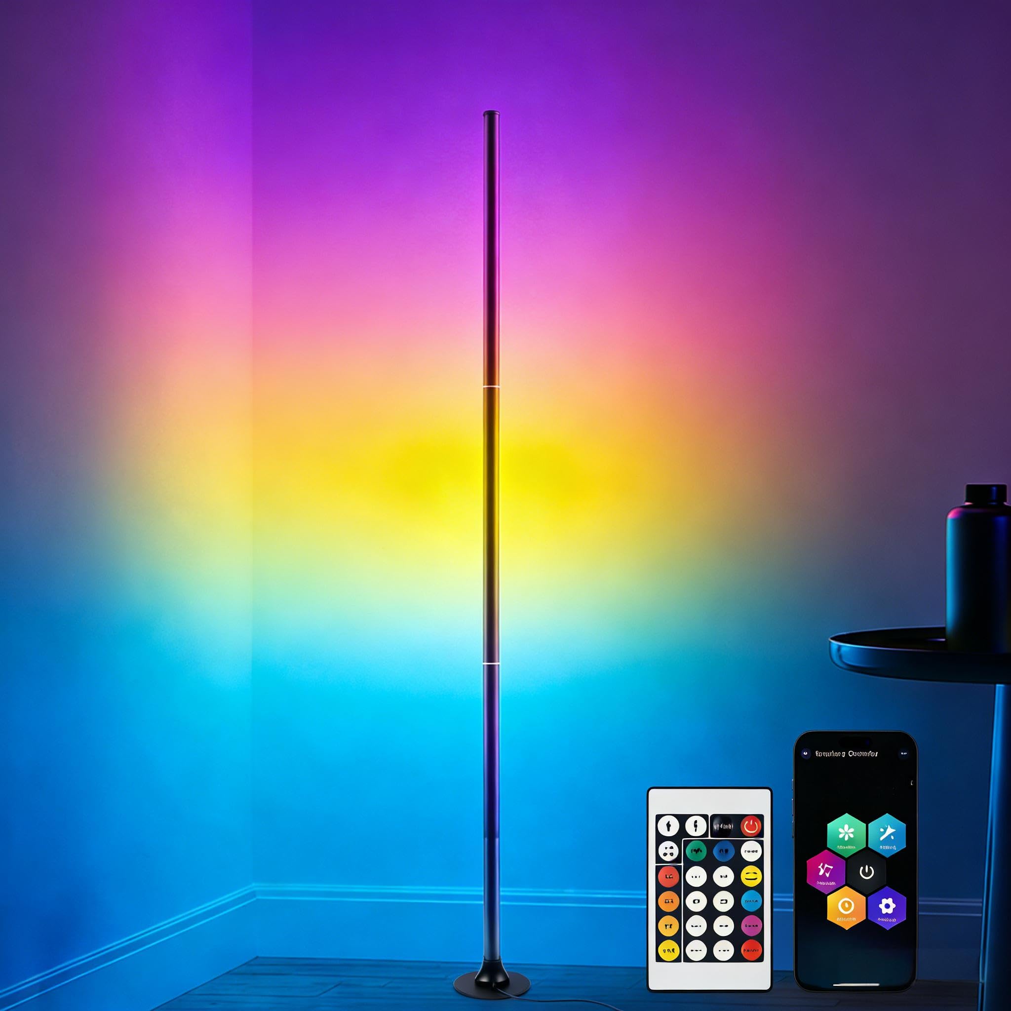 Aourow LED Stehlampe Wohnzimmer RGB Dimmbar - 120cm Standleuchte mit Fernbedienung & App, 16 Millionen Farben, Musik-Sync & DIY-Modus für Gaming, Schlafzimmer, Büro