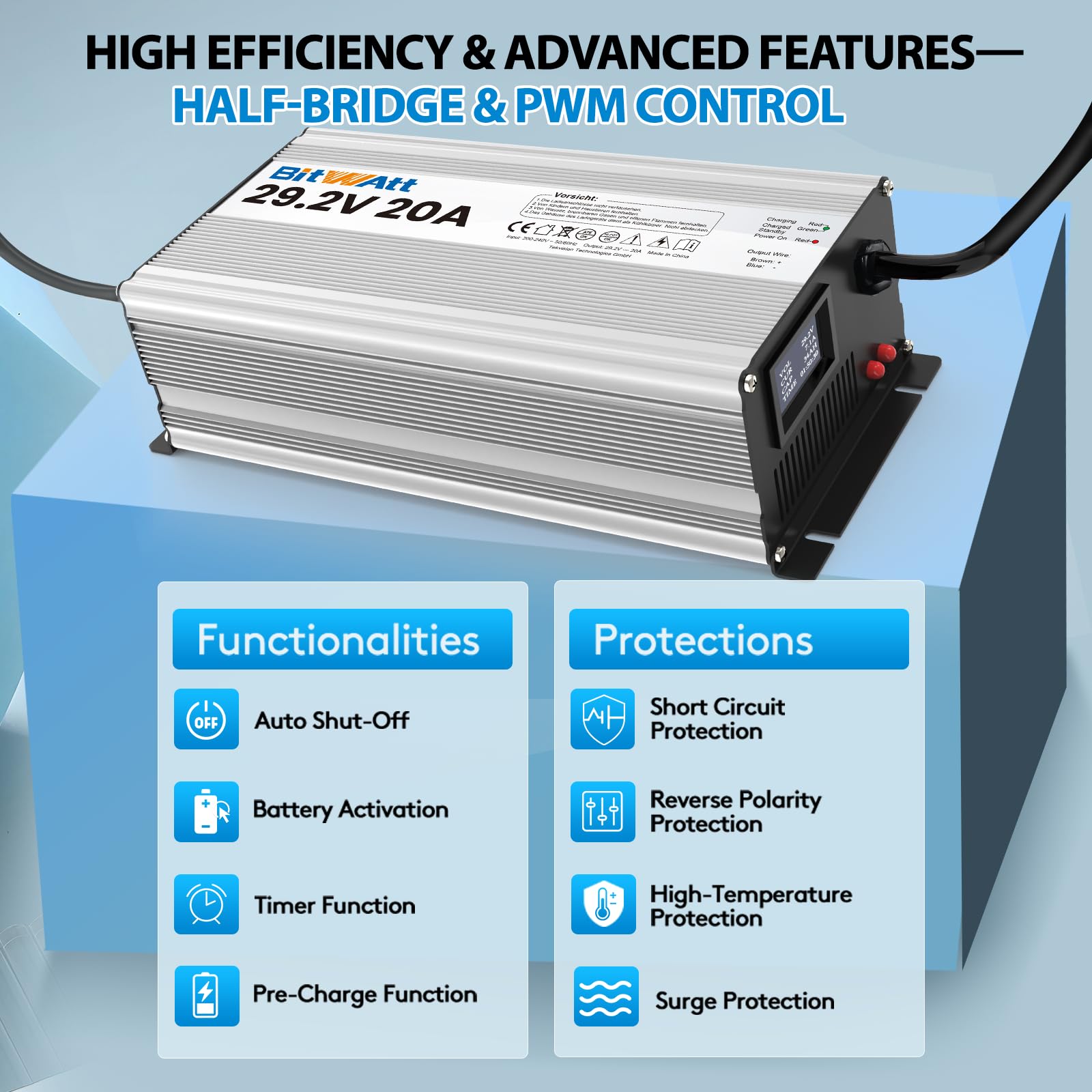 LiFePO4 - Caricatore 24 V, 20 A, 29,2 V, al litio, con LCD