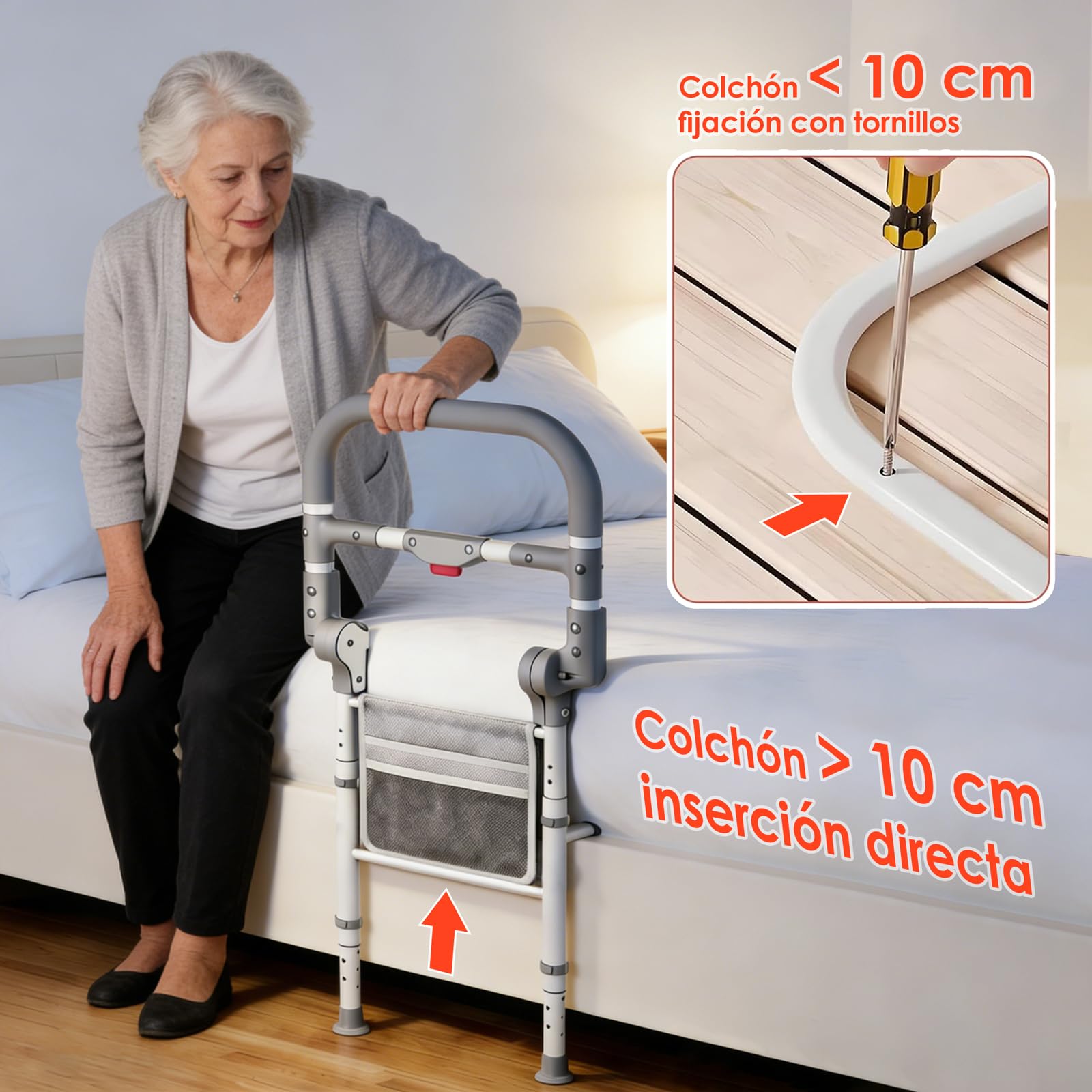 Sponda Letto Anziani Pieghevole, Barriera Letto Anziani con Altezza Regolabile, Supporto per Alzarsi dal Letto, Sbarra di Sicurezza Letto con Sistema a Sgancio Rapido, con Tasca Portaoggetti