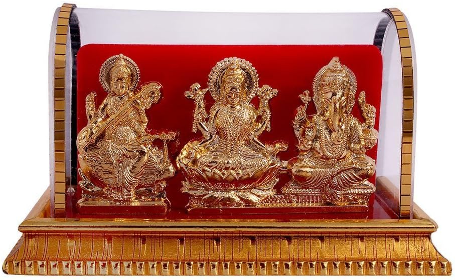 INTERNATIONAL GIFT® Metal Lord Ganesh and Maa Lakshmi, Sarswati Idol 12 cm Golden, 1 Piece