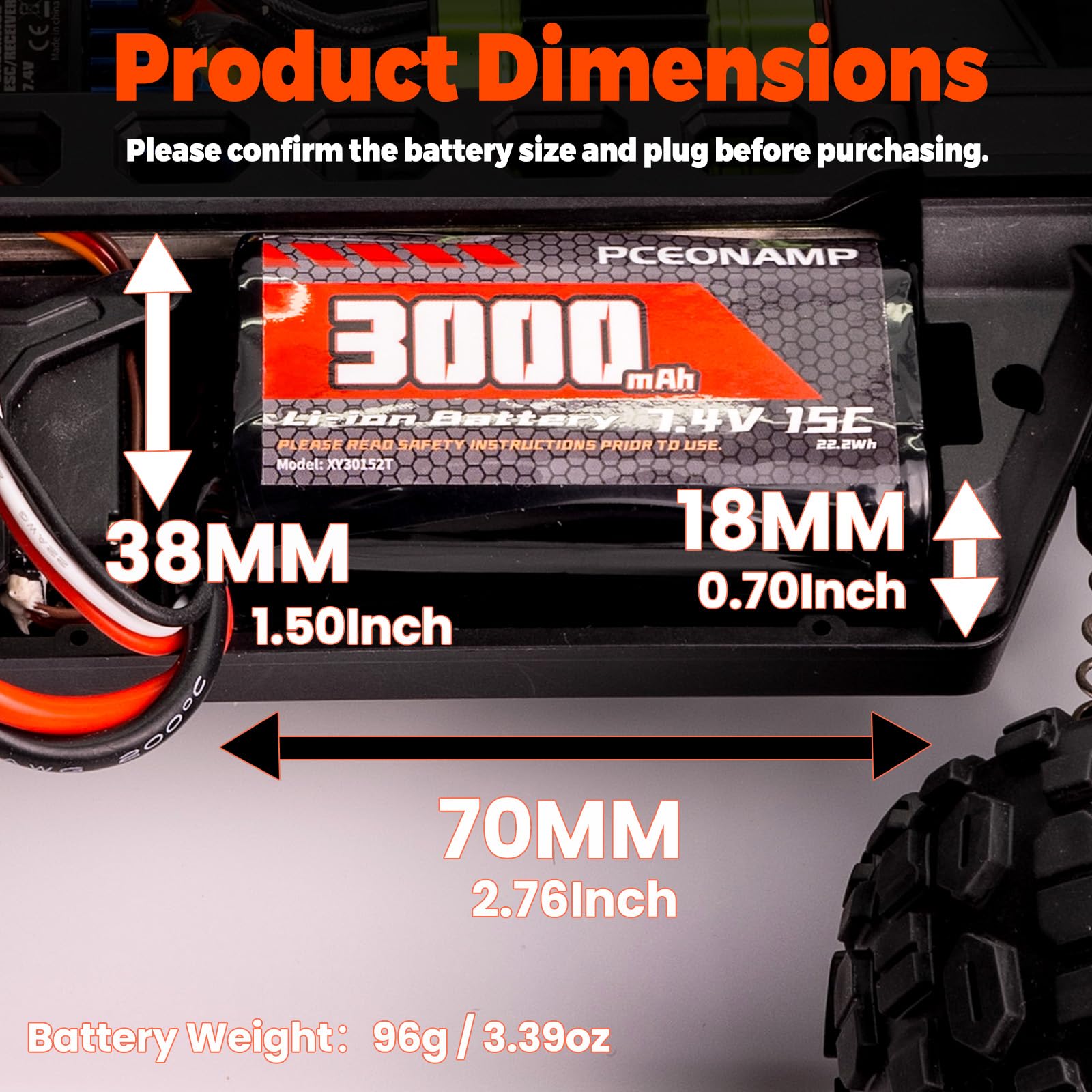 Batería de iones de litio de 7.4 V 3000 mAh 2S T, batería de coche RC para coches de juguete de 1/12, 1/16, 1/18 y coches RC de alta velocidad 4WD, con 2 cables de carga