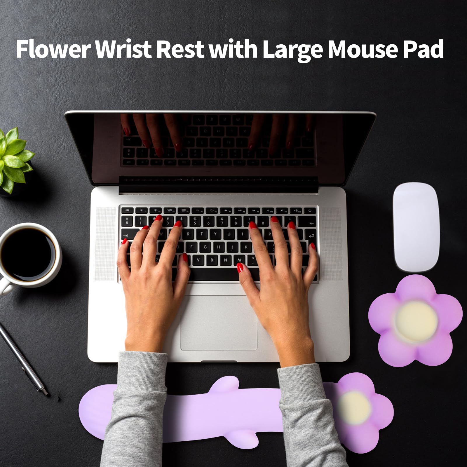 Tappetino per mouse 3 in 1 con motivo floreale e poggiapolsi per tastiera, grande tappetino per mouse da gioco per scrivania, imbottitura ergonomica in memory foam, sollievo dal dolore (viola)