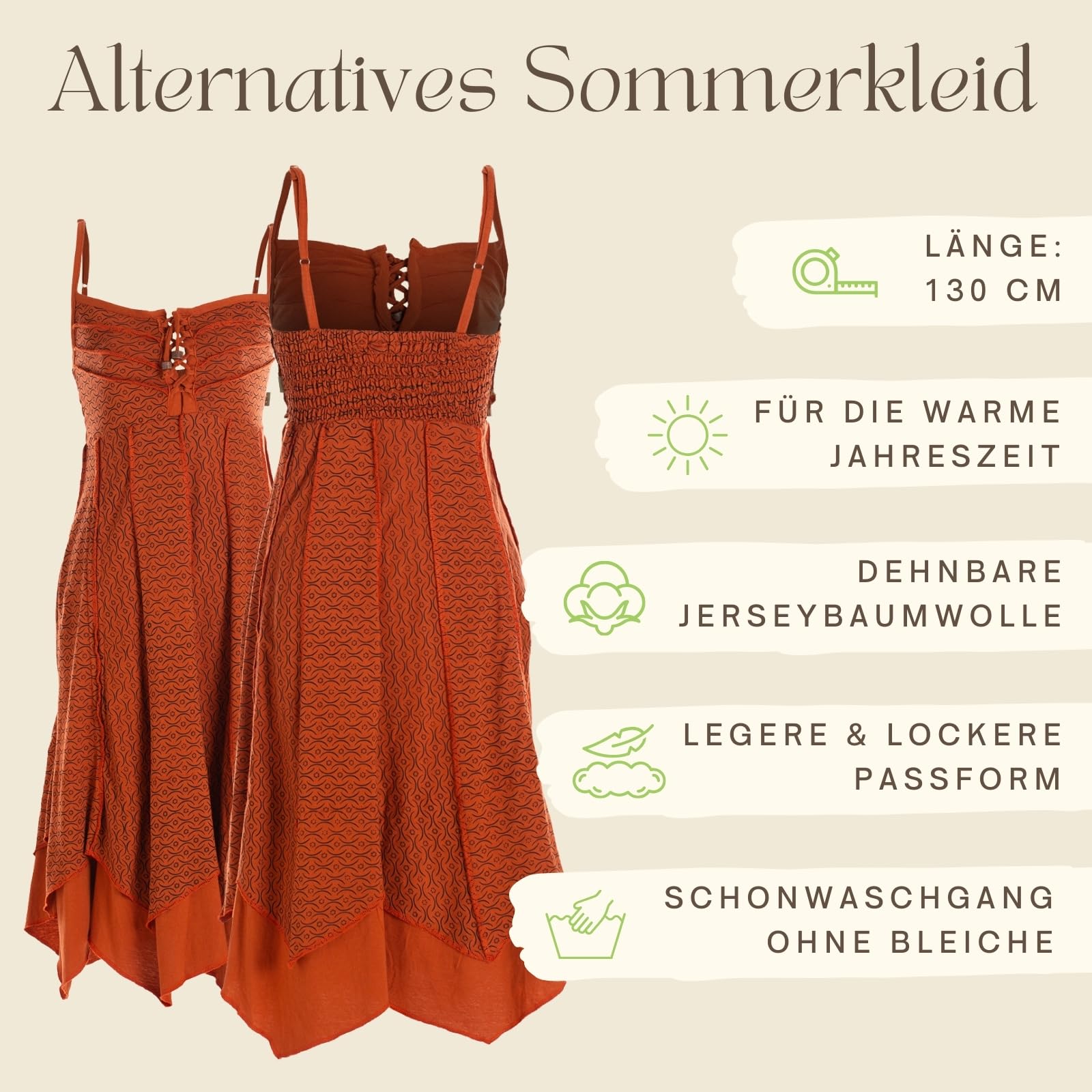 Vishes Damen Sommerkleid mit Spaghettiträgern I 100% Baumwolle I Stylisches Sommerkleid für Freizeit & Alltag I Nachhaltige Alternative Bekleidung