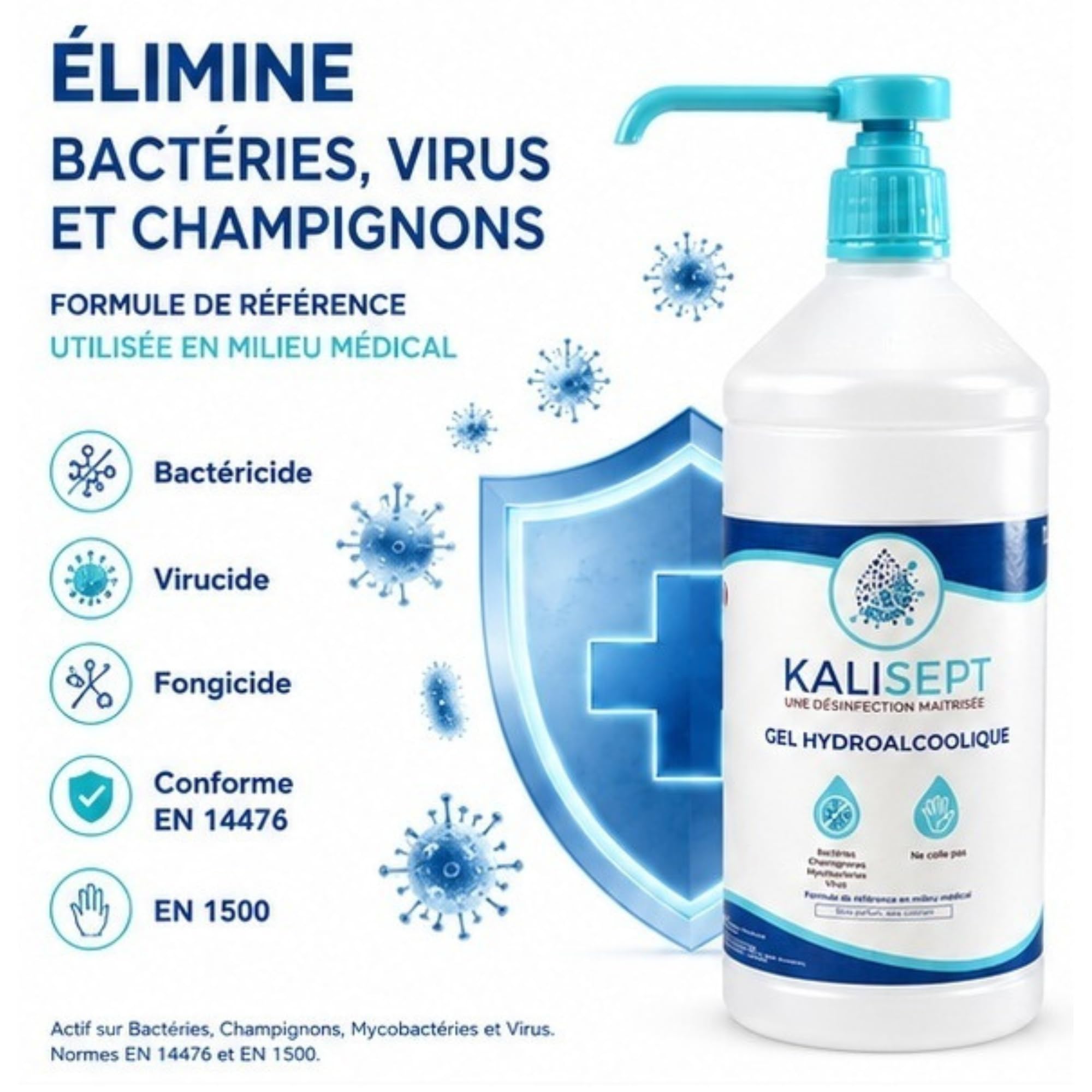 Gel Hydroalcoolique Bactéricide Fongicide Virucide - Alcool végétal - 1L Gel Désinfectant, Ne Colle Pas