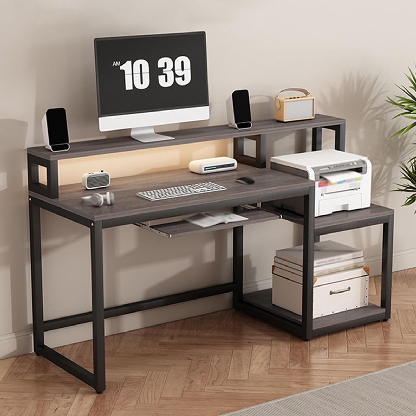 Bureau d'ordinateur marron avec support écran et étagères pour le télétravail