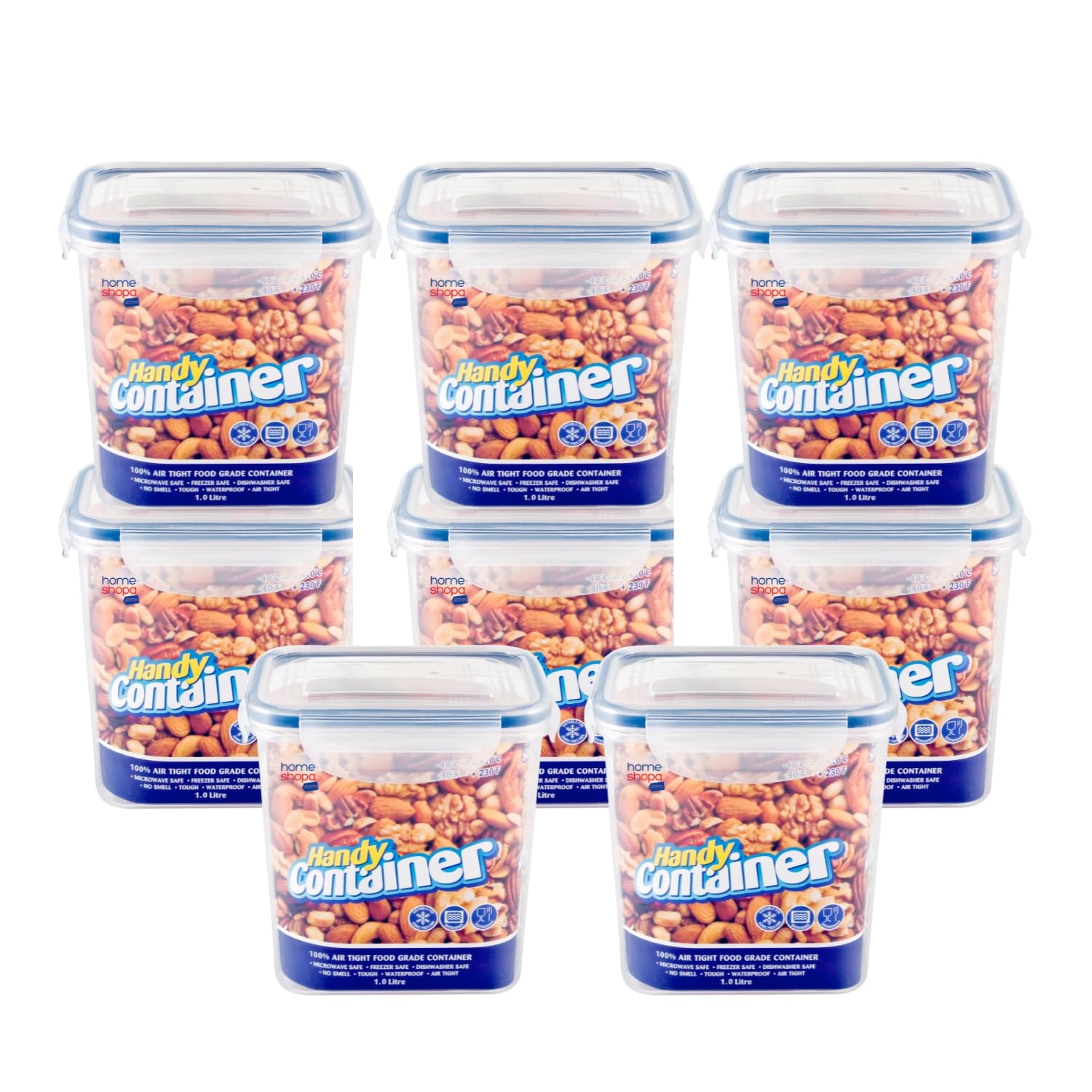 HOMESHOPA Rectangular Airtight Food Storage Plastic Container, 8 Pack 1 Litre Kitchen & Pantry Organisation Canisters, Leakproof Stackable Reusable, Microwave, Dishwasher & Freezer Safe