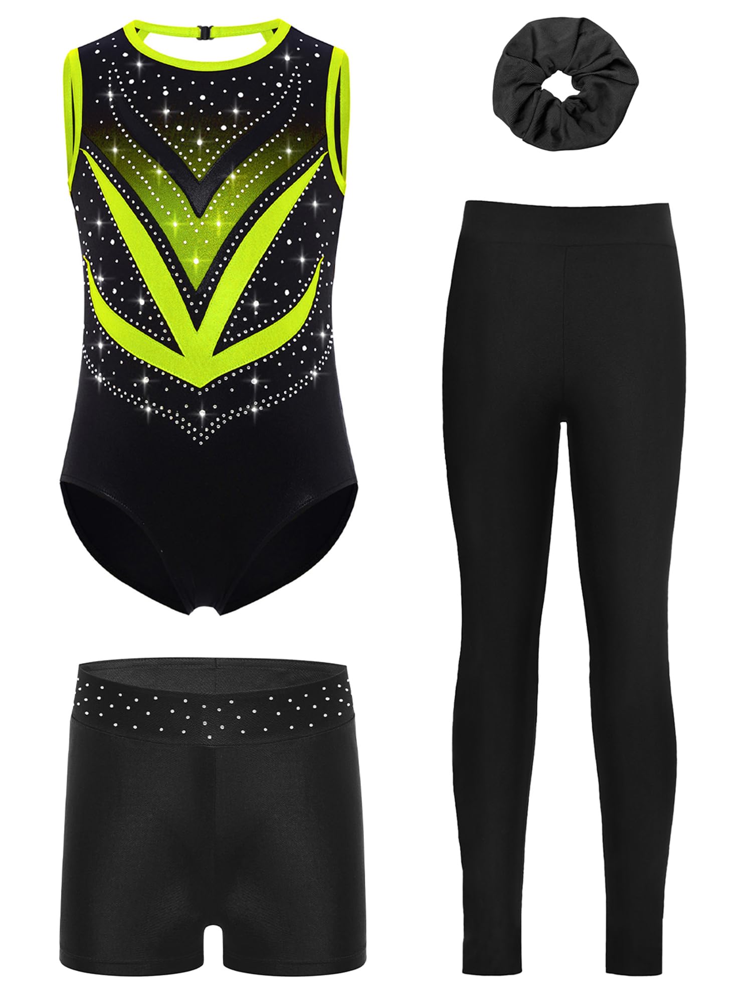 Pezzi Tutu Da Ginnastica Per Bambina Scintillante Tutu Da Ginnastica Con Pantaloncini Shorts Fazzoletto Per Capelli Leotard Da Da Maglia Da Per Competizioni Verde fluorescente 5-6 anni