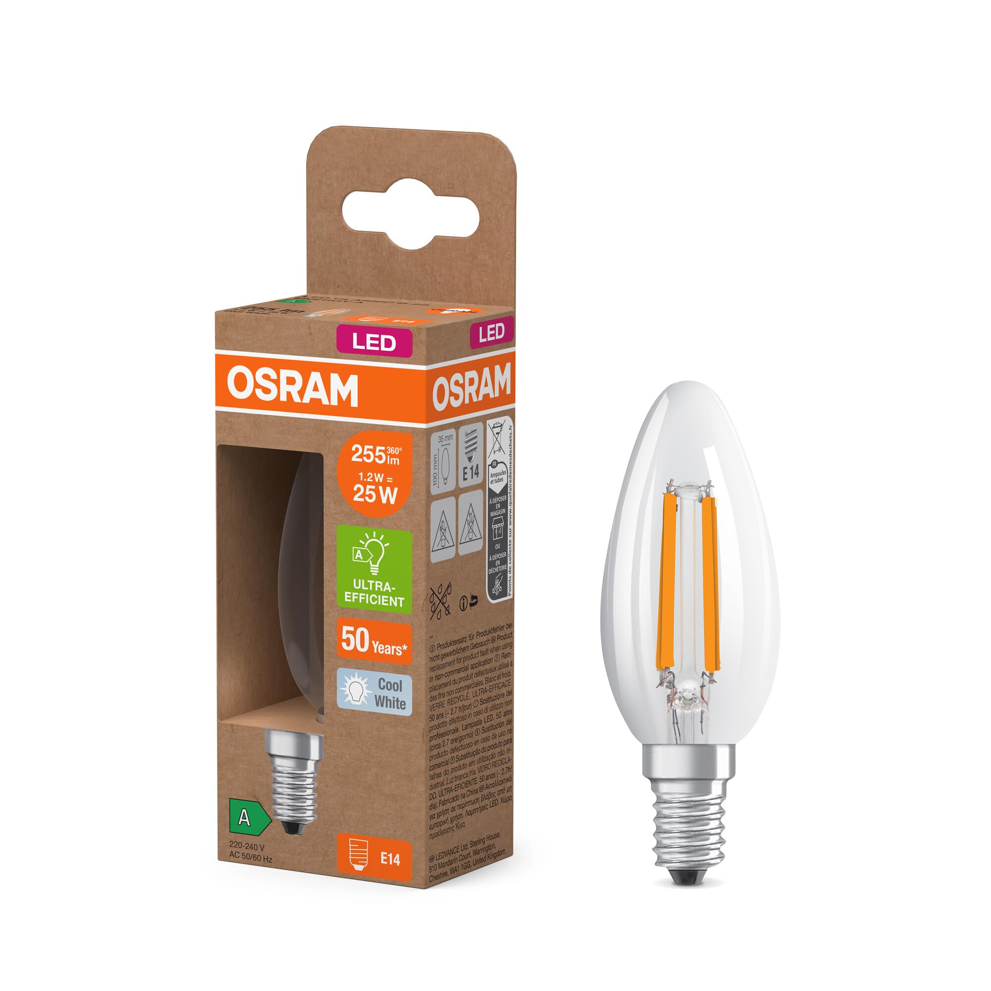 OSRAM dalla classica forma a mini candela, con filamento LED decorativo dal design satinato, classe di efficienza energetica A, E14, 1,2 W, 255 lm, 2700 K, bianco caldo. luce immediata al 100%.