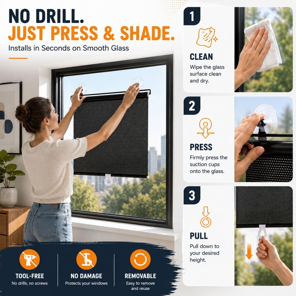 Store Enrouleur à Ventouses pour Fenêtre, sans Perçage, Pare-Soleil Rétractable, Protection UV Anti-Éblouissement et Intimité pour Chambre, Bureau, Véranda, Voiture(W 75 x 140 cm)