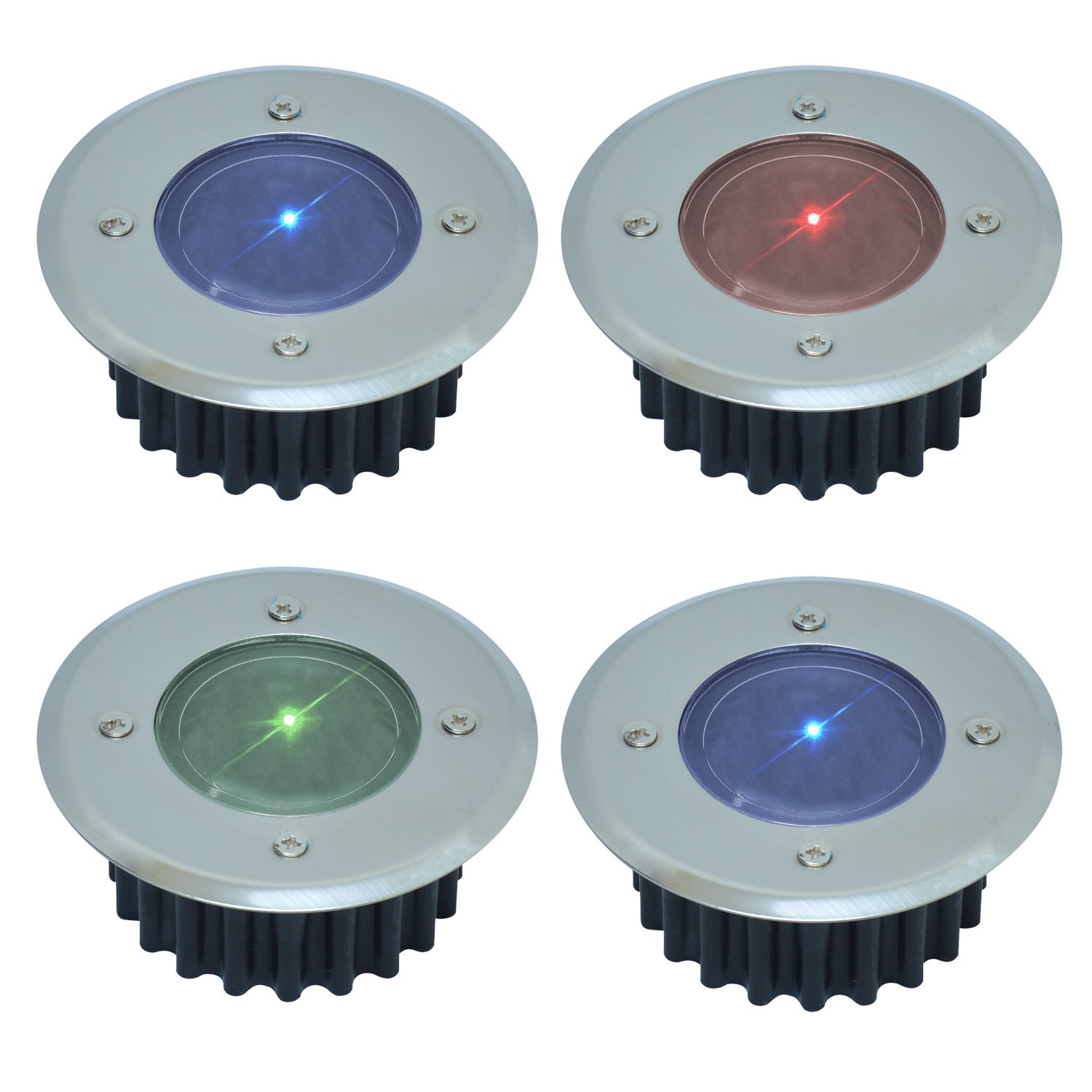Solalite Multi 4 Pack Colour Changing Solar Decking Lights Outdoor Garden Stainless Steel Solar Powered Ground Disk Lights Lamp Bright White Deck Landscape Pathway Lighting