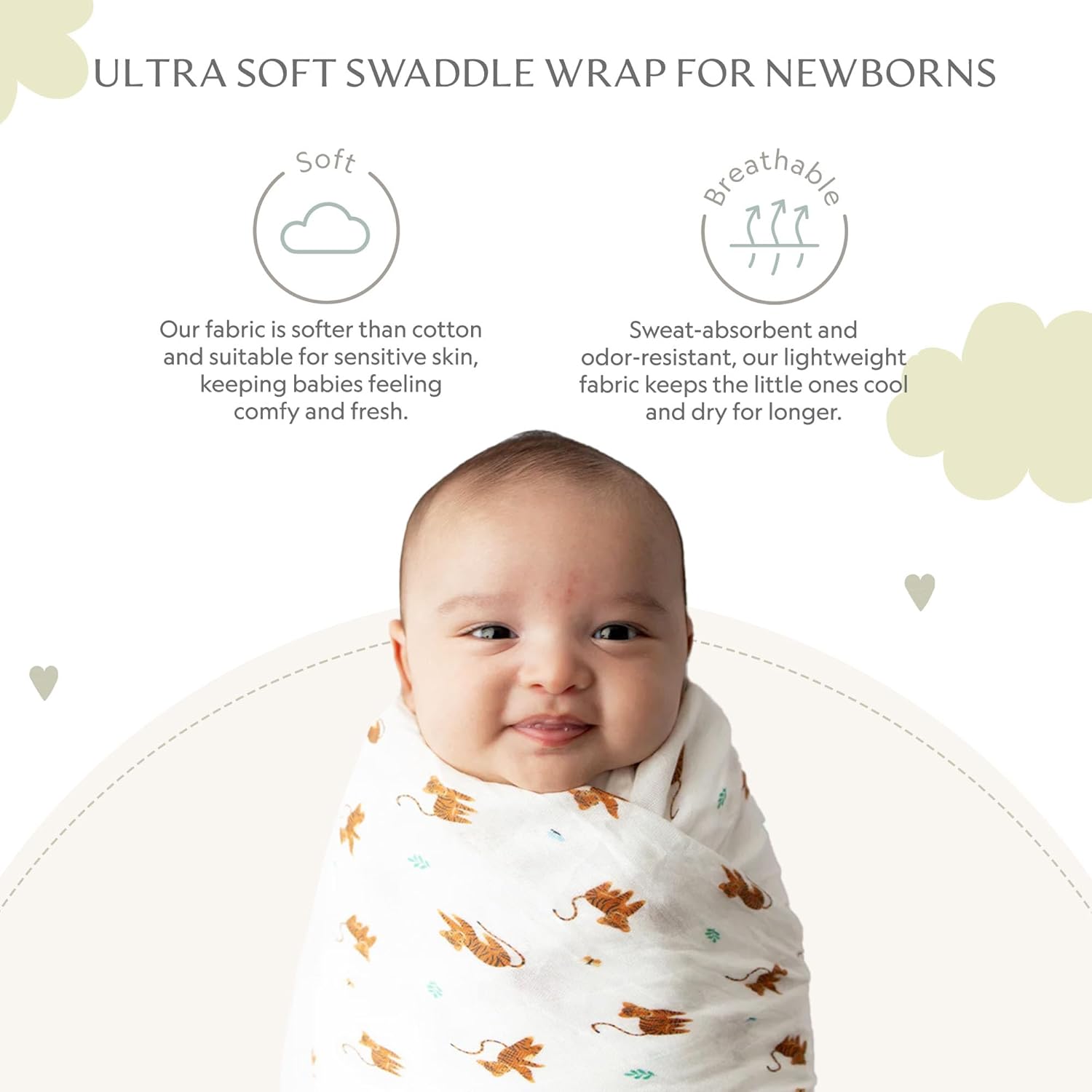 Muslin Baby Swaddle - Breathable Receiving Blankets for Newborn Baby, 70% Viscose derived from Bamboo, 30% Spandex, Imported