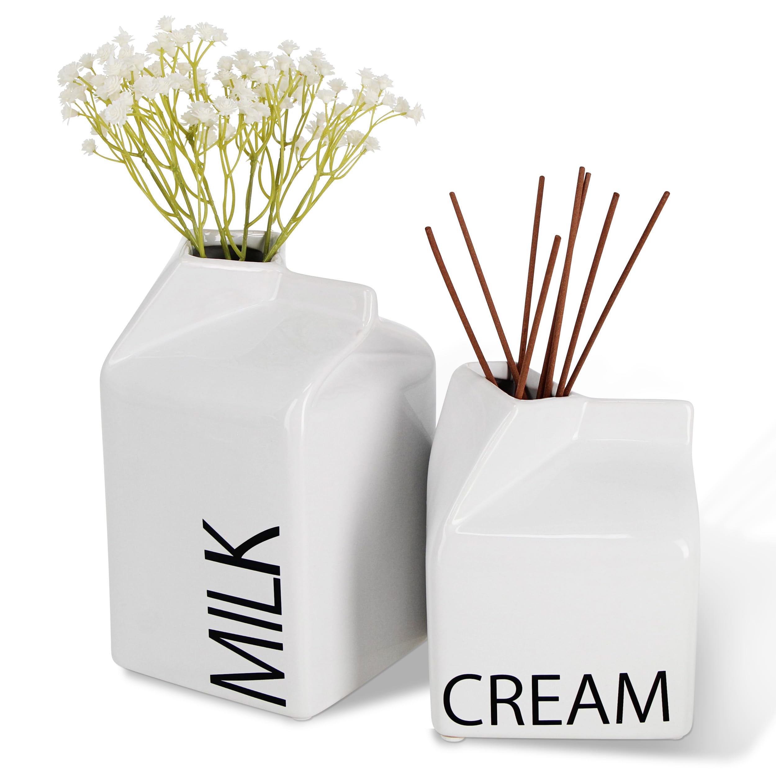 Creekview Home Emporium Glass Milk Carton Vase Set of 2 - White Ceramic Creamer Container Decor for Cute Flowers - Farmhouse Kitchen Ceramic Pitcher Milk Carton Bottle Decoration for Fresh Bouquets