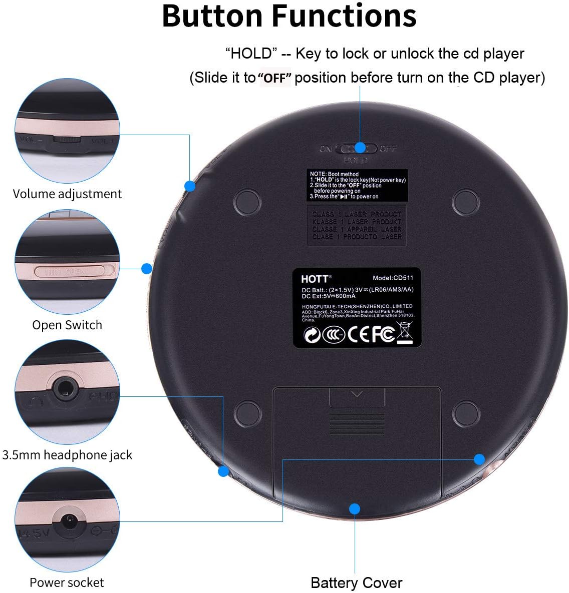 Bottom and side view of HOTT CD511 CD player with labels for HOLD switch, Volume adjustment, Open Switch, 3.5mm headphone jack, Power socket, and Battery Cover.