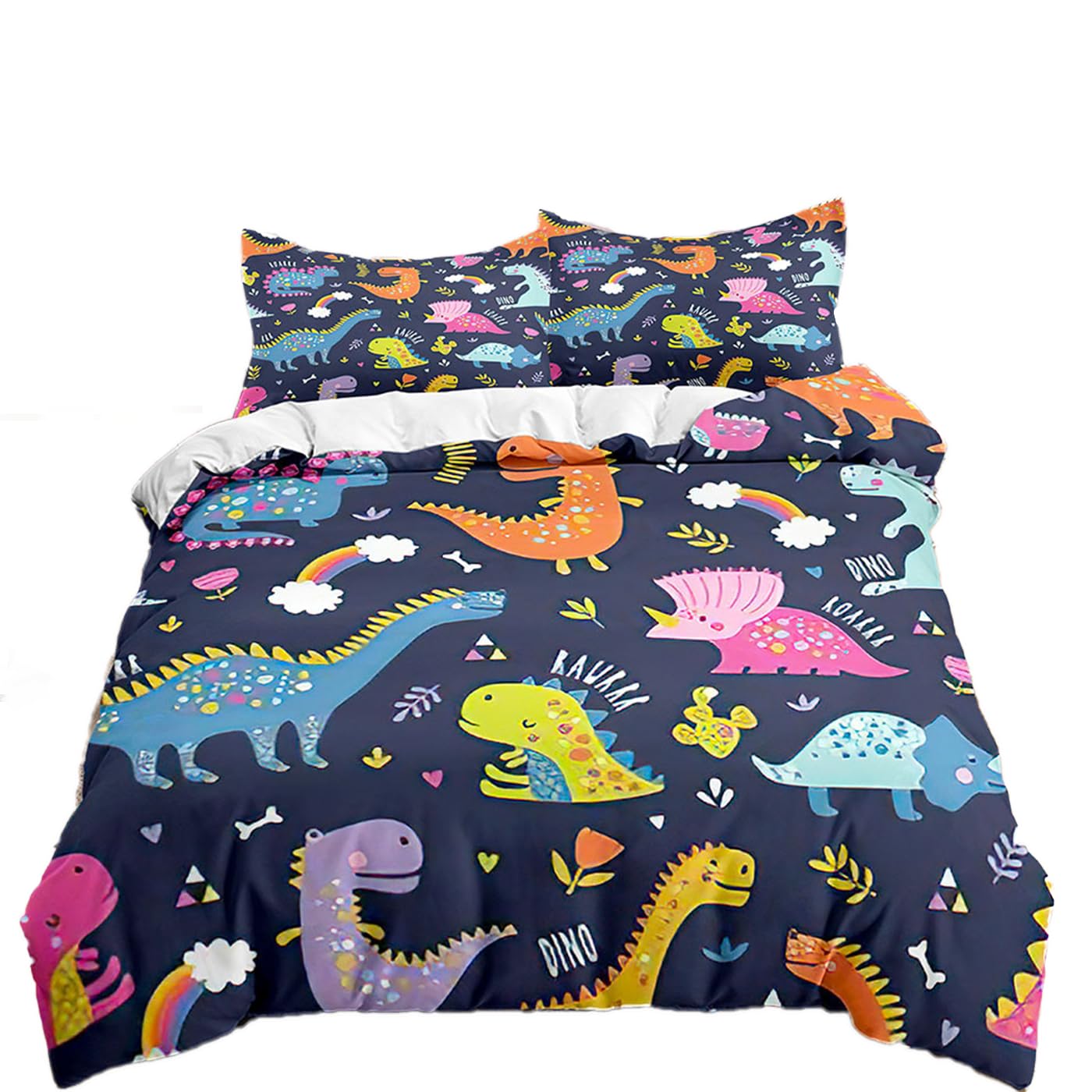 Dinosaurier Muster Kinder Bettwäsche,Niedlich Cartoon Bunter Dinosaurier Druck Bettbezug,Verspielt Dekorativ Betten Set für Jungen Mädchen (A, 135x200cm)