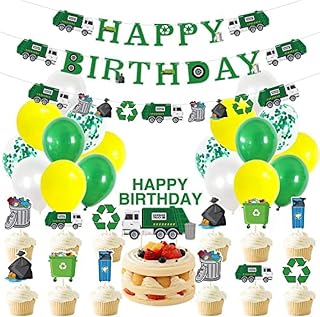 Garbage Truck Party Supplies - Trash Truck Happy Birthday Banner, Garbage Truck Themed Balloons, Cup Cake Toppers for Waste Management Recycling Party