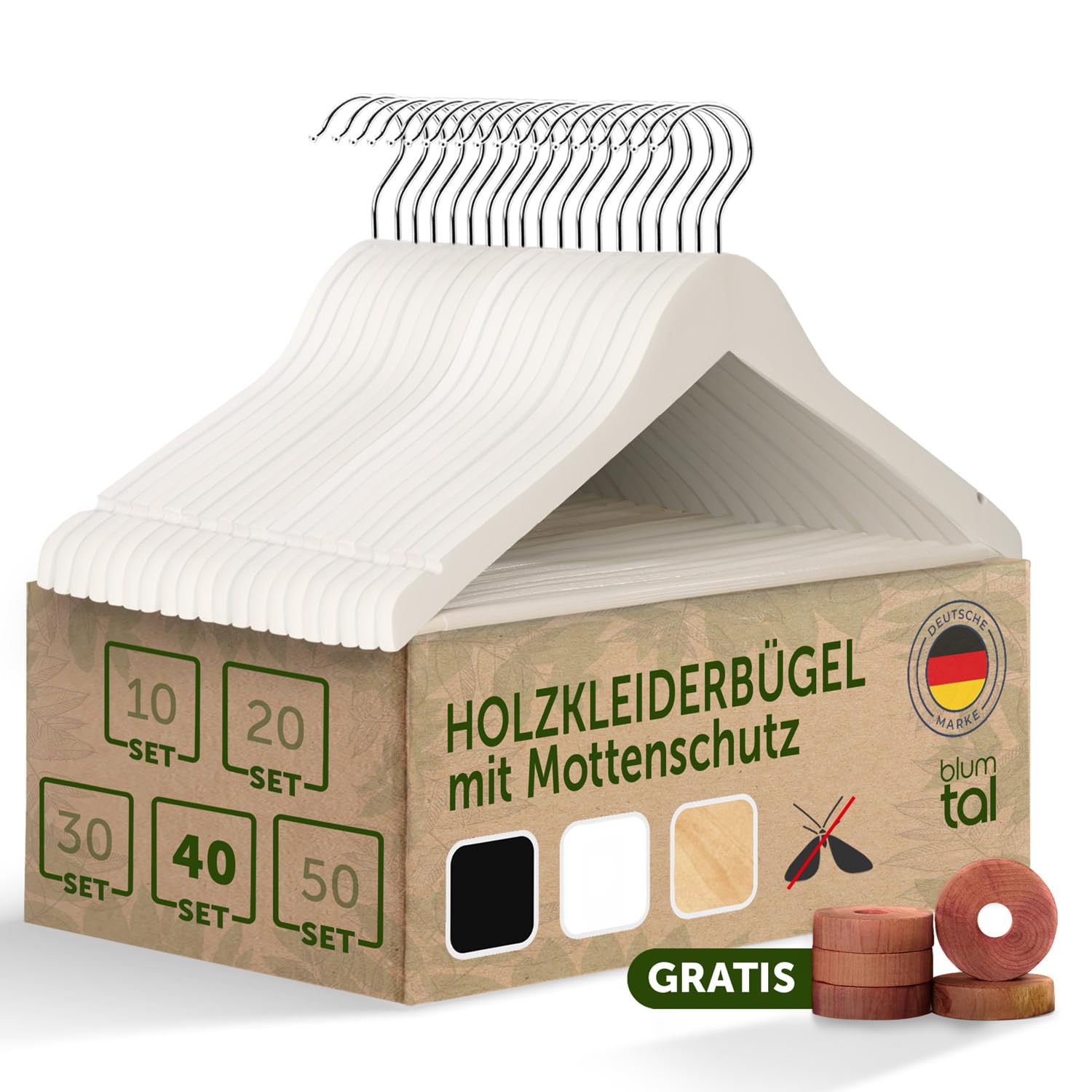 Blumtal Kleiderbügel Holz 40er Set - Holzbügel mit 360° drehbarem Metallhaken - Kleiderbügel Weiß + Zedernholz Mottenschutz - Kleiderbügel Holz Weiss + Anti-Rutsch-Schicht & Einkerbungen - Bügel Holz