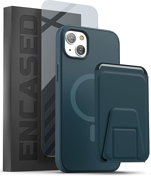 ENCASED MAG SlimShield Case with Magnetic Card Holder for iPhone 14 with Screen Protector - Compatible with MagSafe, Wallet with Kickstand (3-in-1) Blue