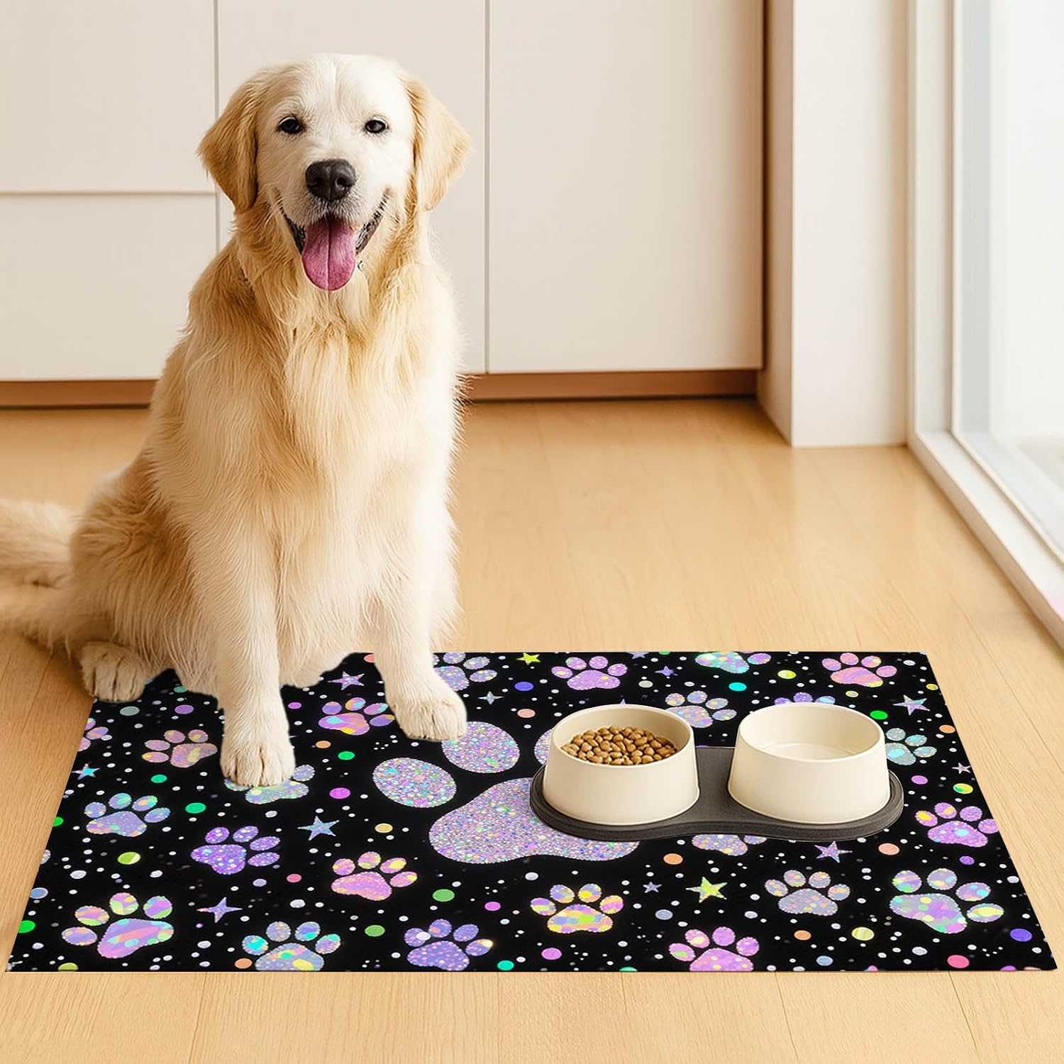 HOMETITUTE Pet Feeding Mats Cat Mat for Food and Water 20" x 12" Glitter Paw Print Cat Bowl Placemat Non-Slip Indoor Feeding Station Cute Pet Meal Mat for Small Pets Kitchen Floor Use