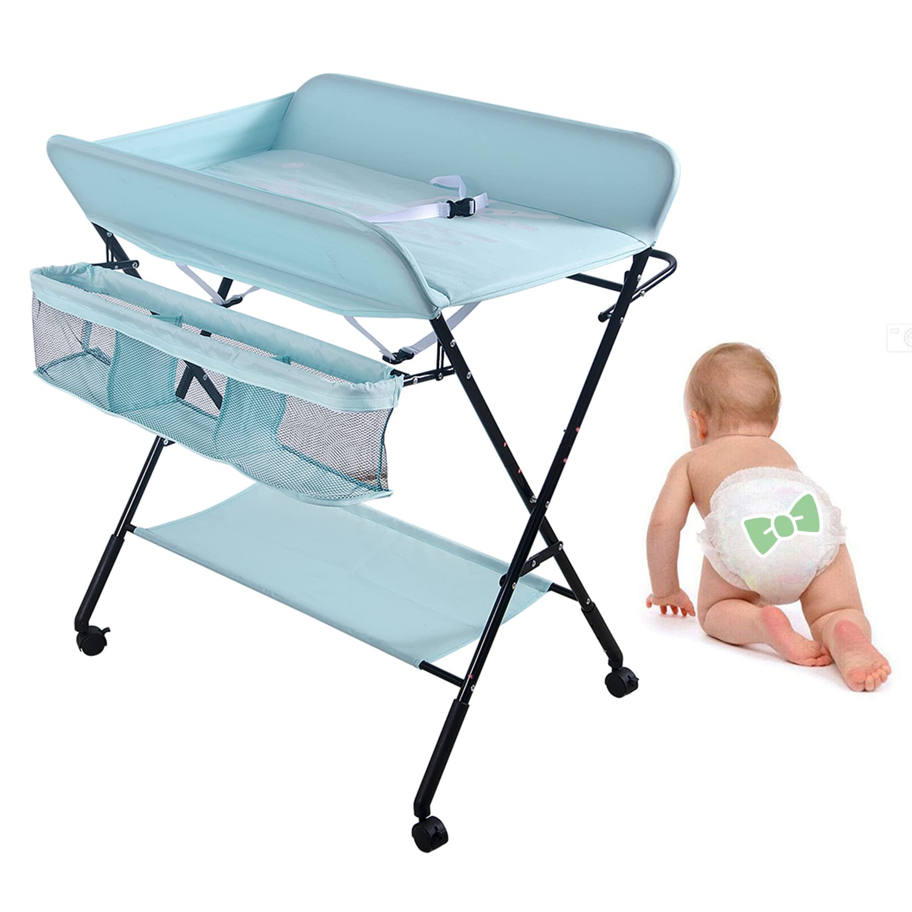 Cambiador plegable para bebé recién nacidos, mesa de cambio de pañales, cambiador con bañera para bebé 2 en 1, cambiador portátil (80 * 66 * 98cm-azul)